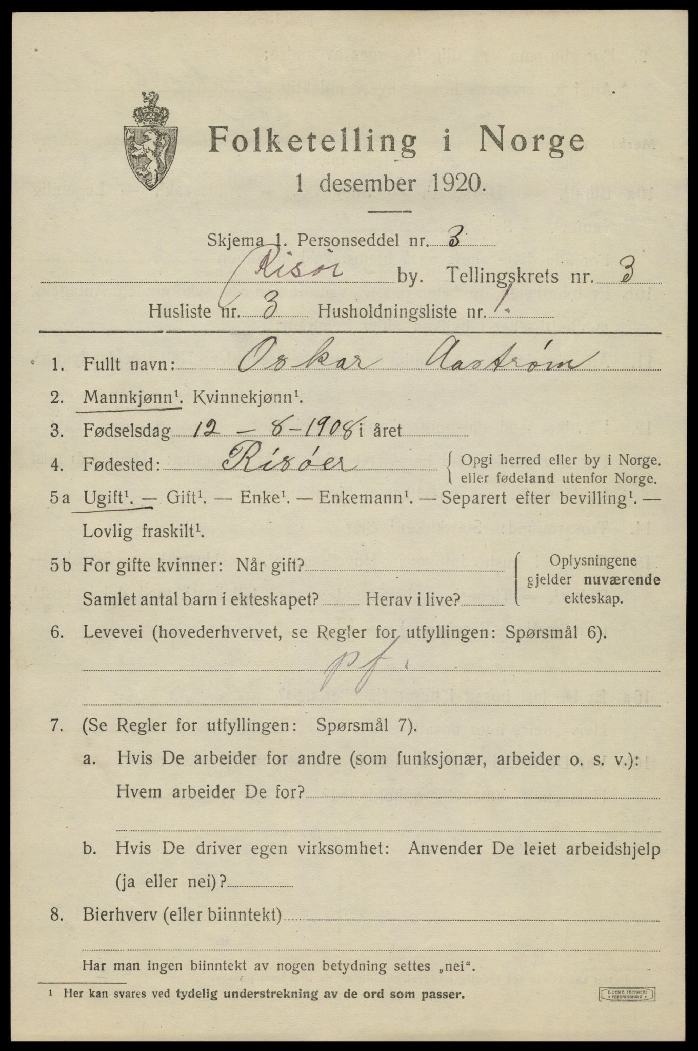 SAK, 1920 census for Risør, 1920, p. 7725