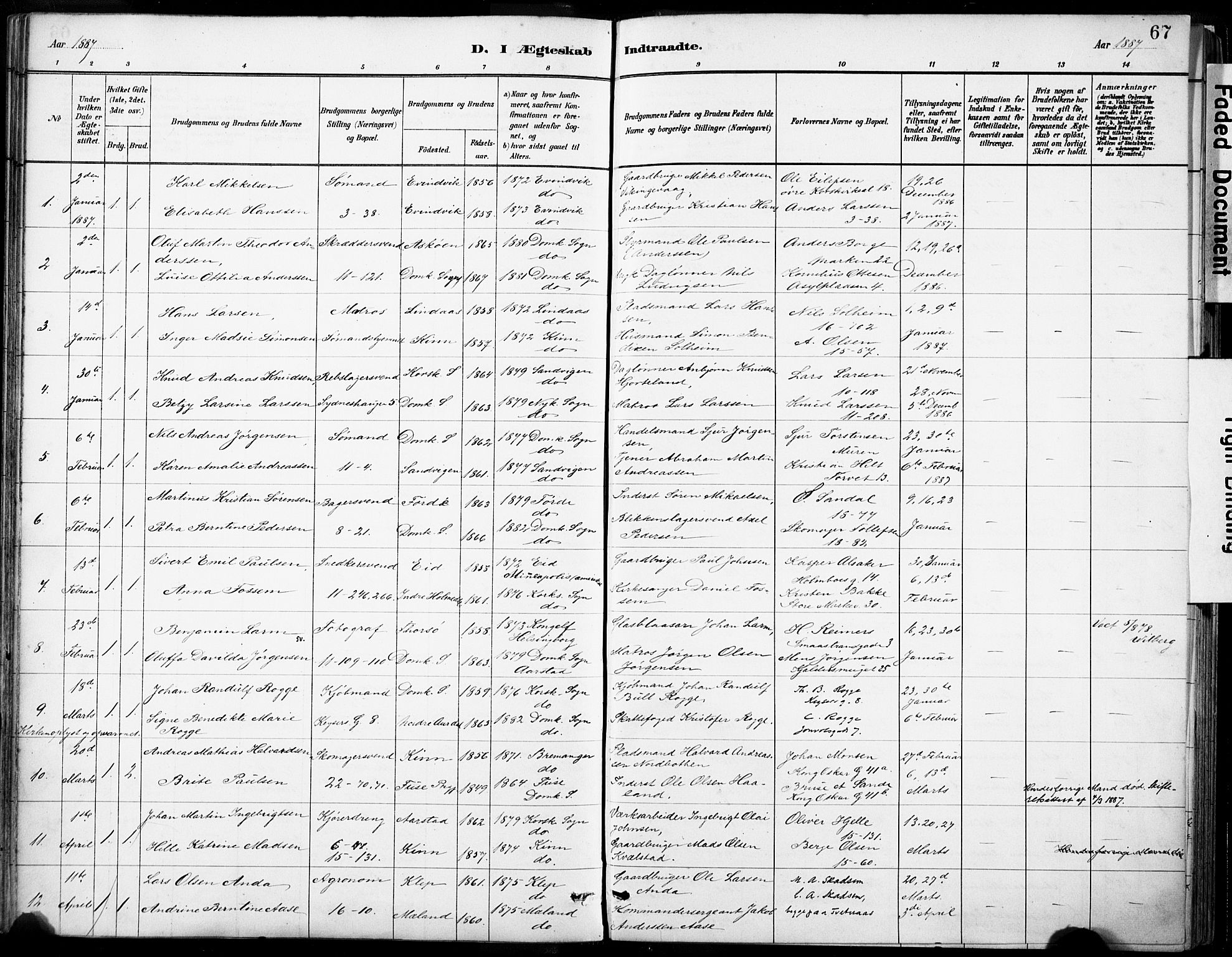 Domkirken sokneprestembete, SAB/A-74801/H/Haa/L0037: Parish register (official) no. D 4, 1880-1907, p. 67