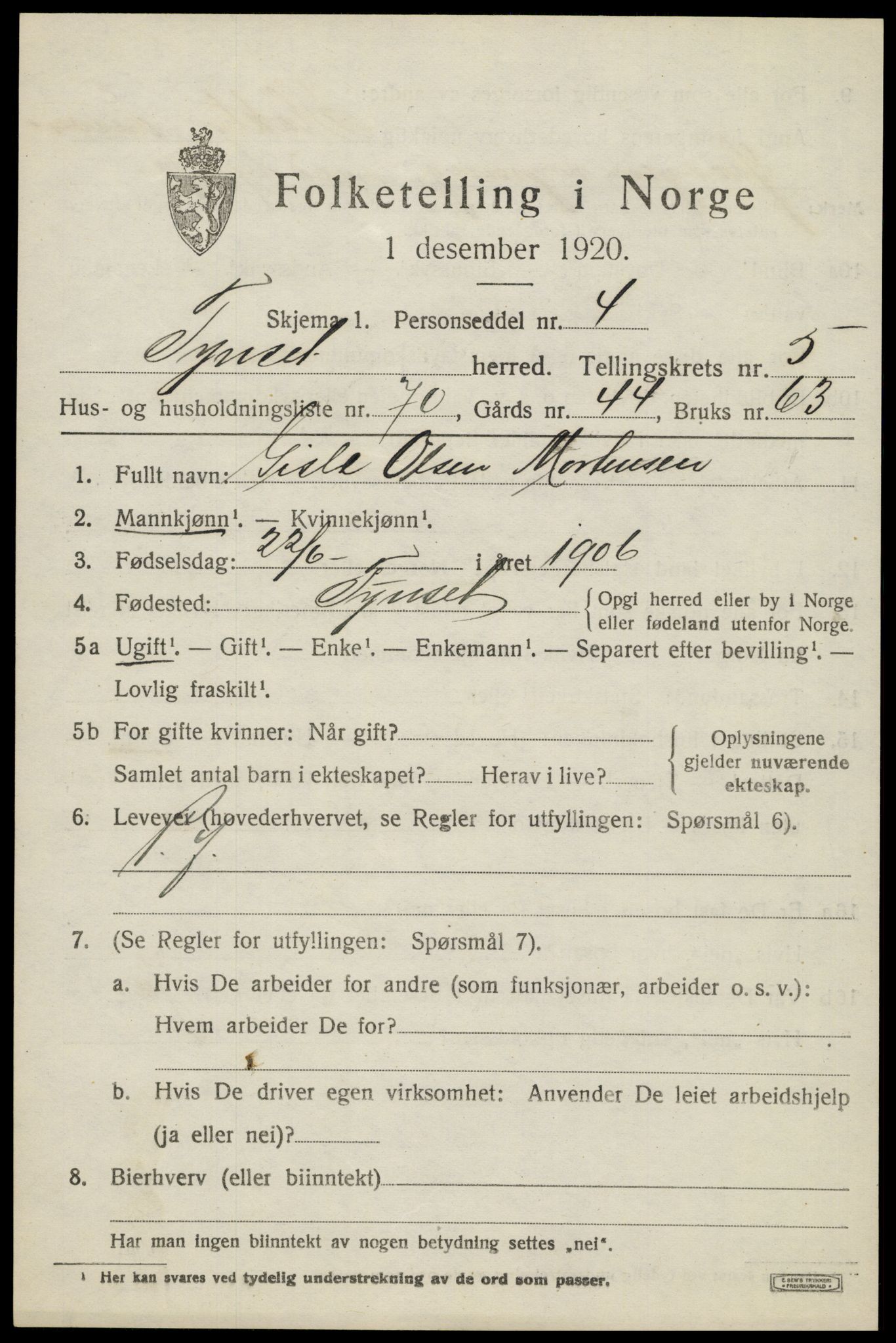 SAH, 1920 census for Tynset, 1920, p. 5228