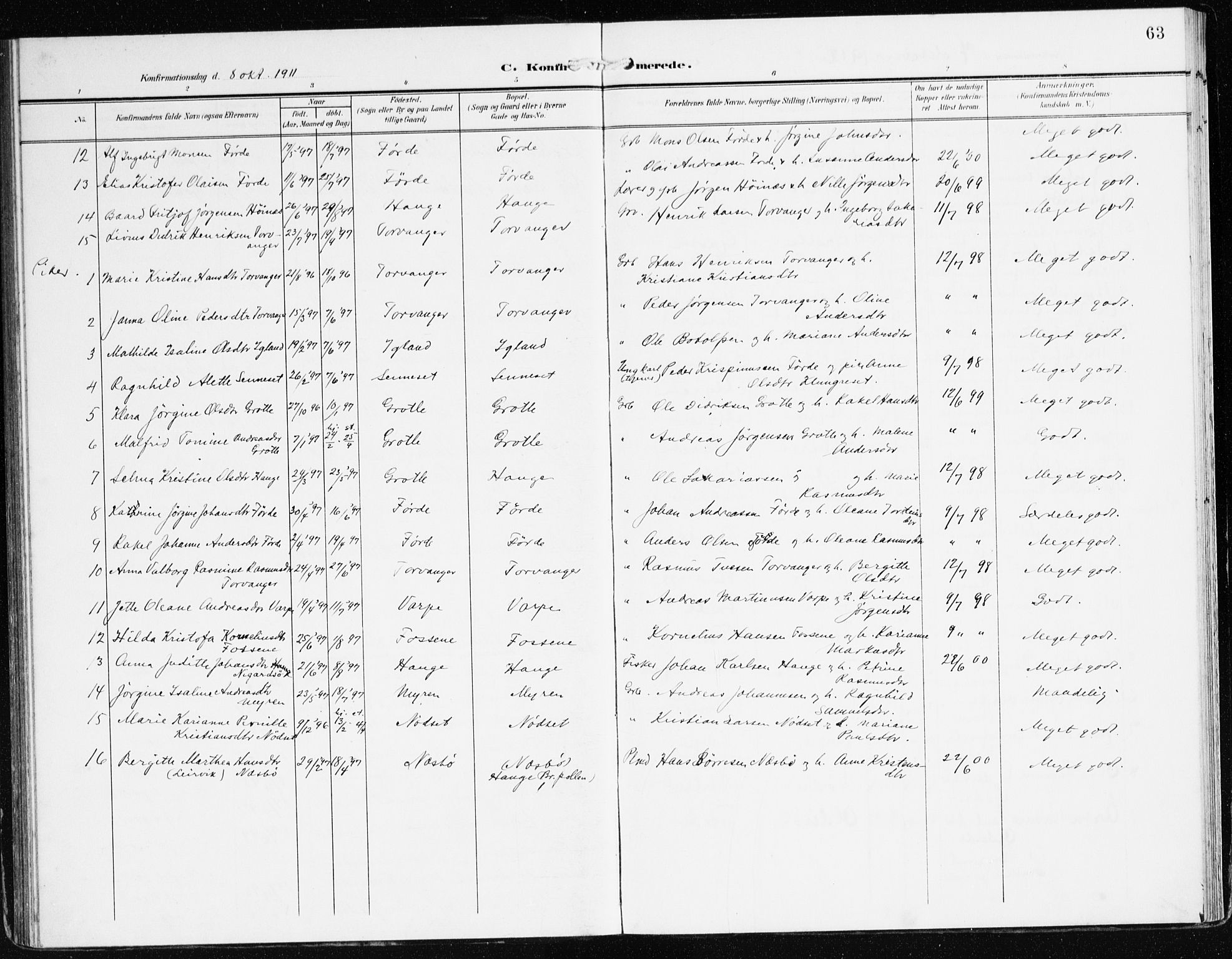 Bremanger sokneprestembete, AV/SAB-A-82201/H/Haa/Haac/L0001: Parish register (official) no. C 1, 1908-1921, p. 63