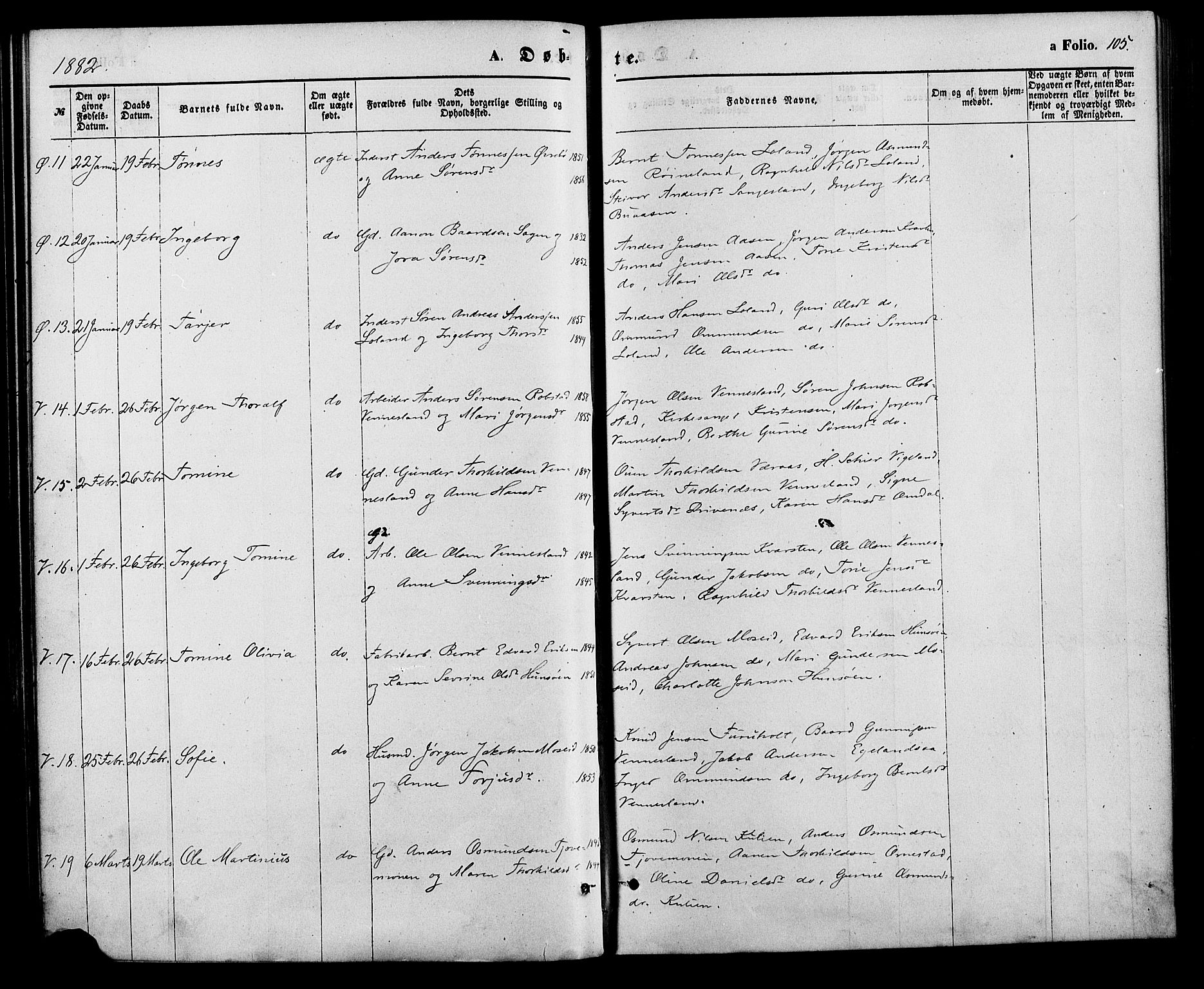 Vennesla sokneprestkontor, AV/SAK-1111-0045/Fa/Fac/L0008: Parish register (official) no. A 8, 1874-1883, p. 105