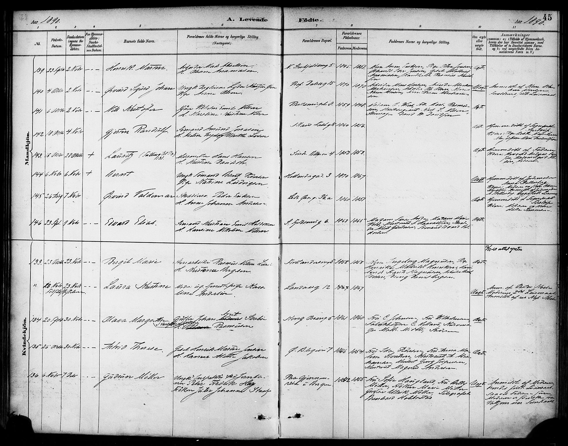 Korskirken sokneprestembete, AV/SAB-A-76101/H/Haa/L0022: Parish register (official) no. B 8, 1889-1899, p. 45