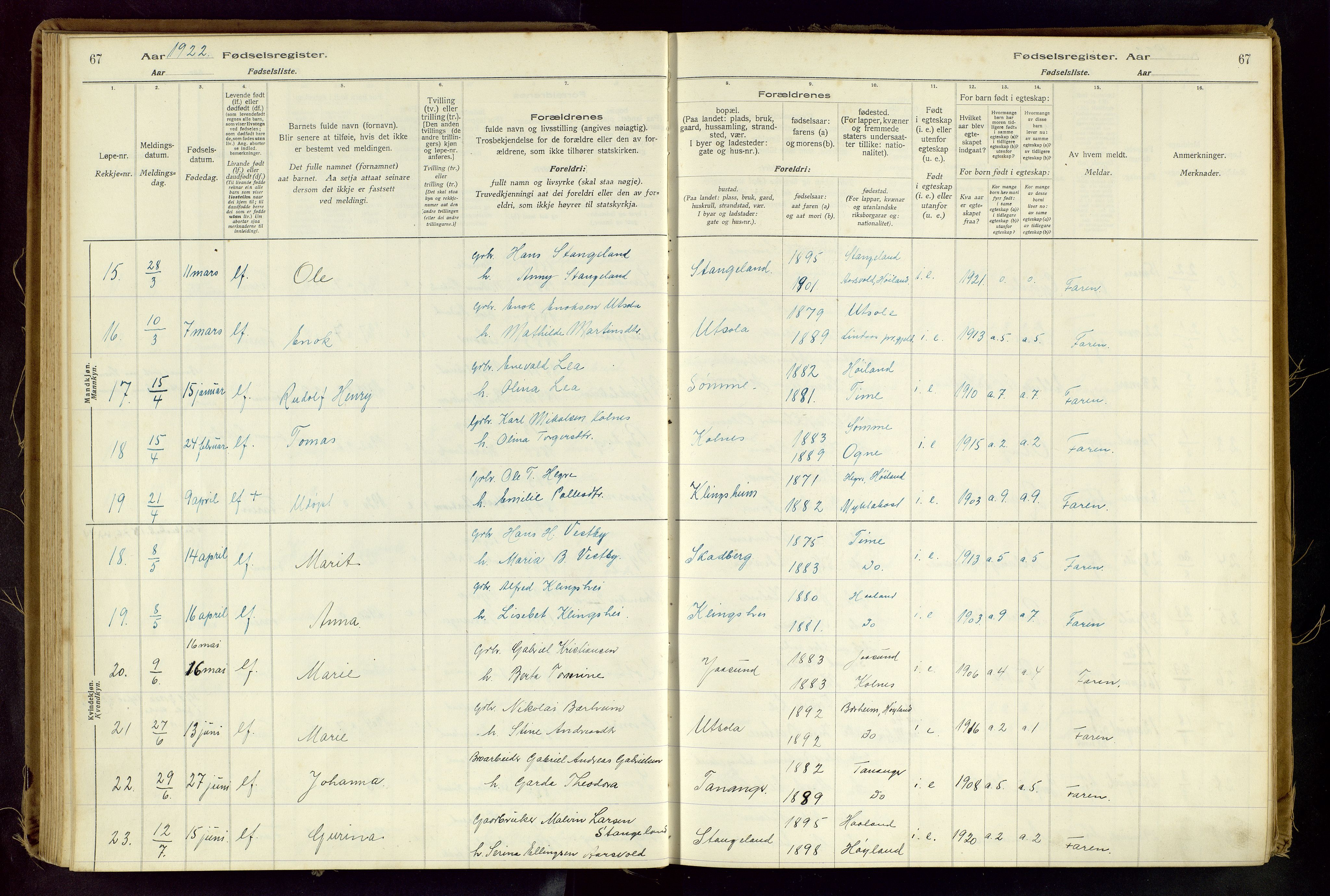 Håland sokneprestkontor, AV/SAST-A-101802/001/704BA/L0001: Birth register no. 1, 1916-1936, p. 67