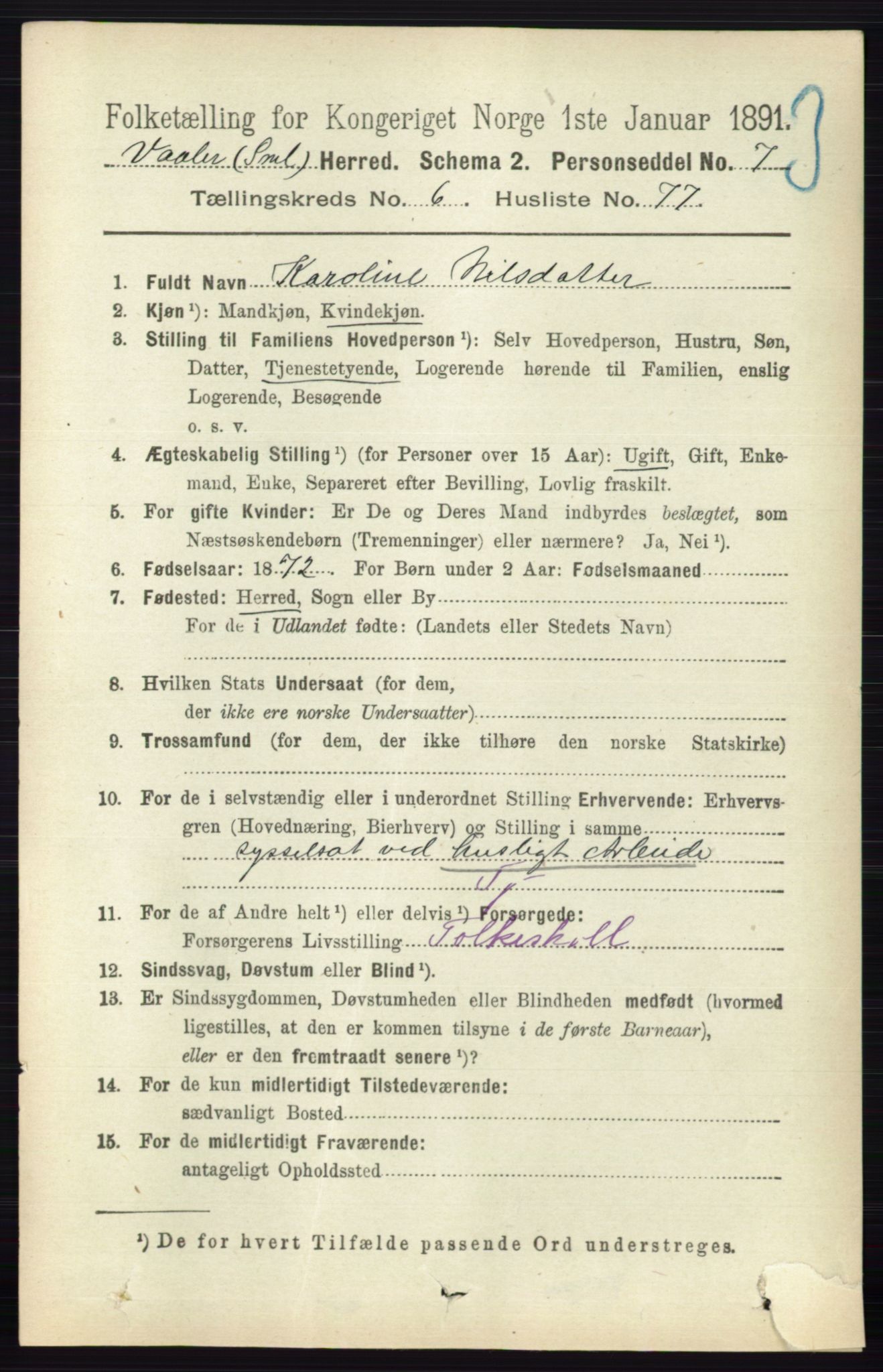 RA, 1891 census for 0137 Våler, 1891, p. 2795