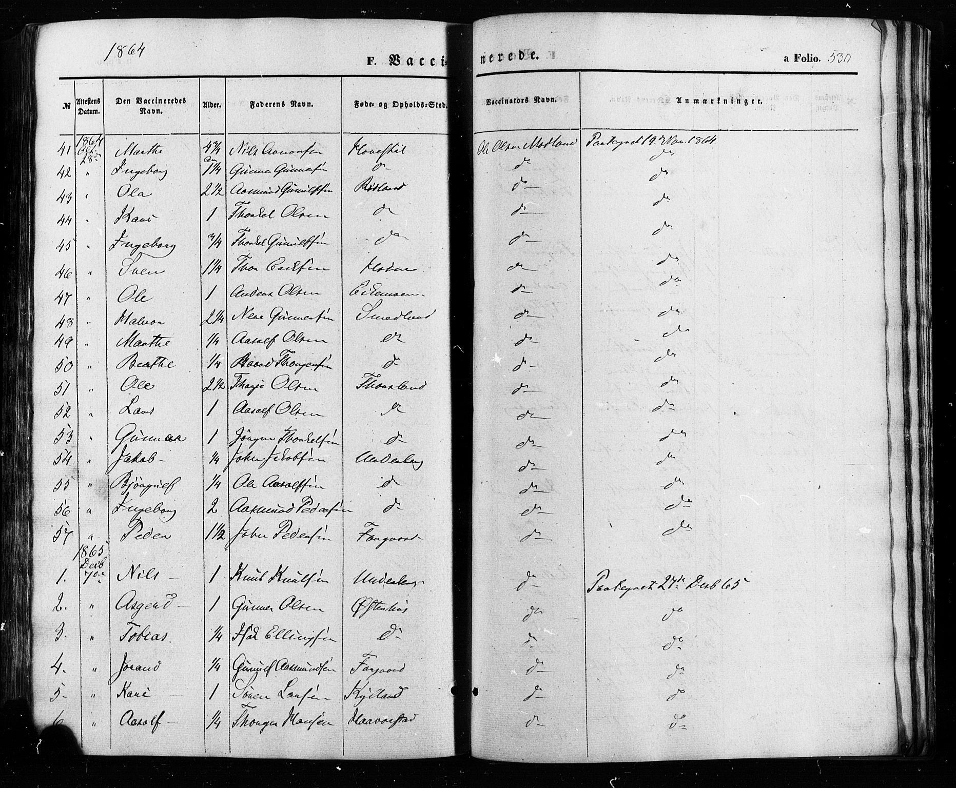 Åseral sokneprestkontor, AV/SAK-1111-0051/F/Fa/L0002: Parish register (official) no. A 2, 1854-1884, p. 530