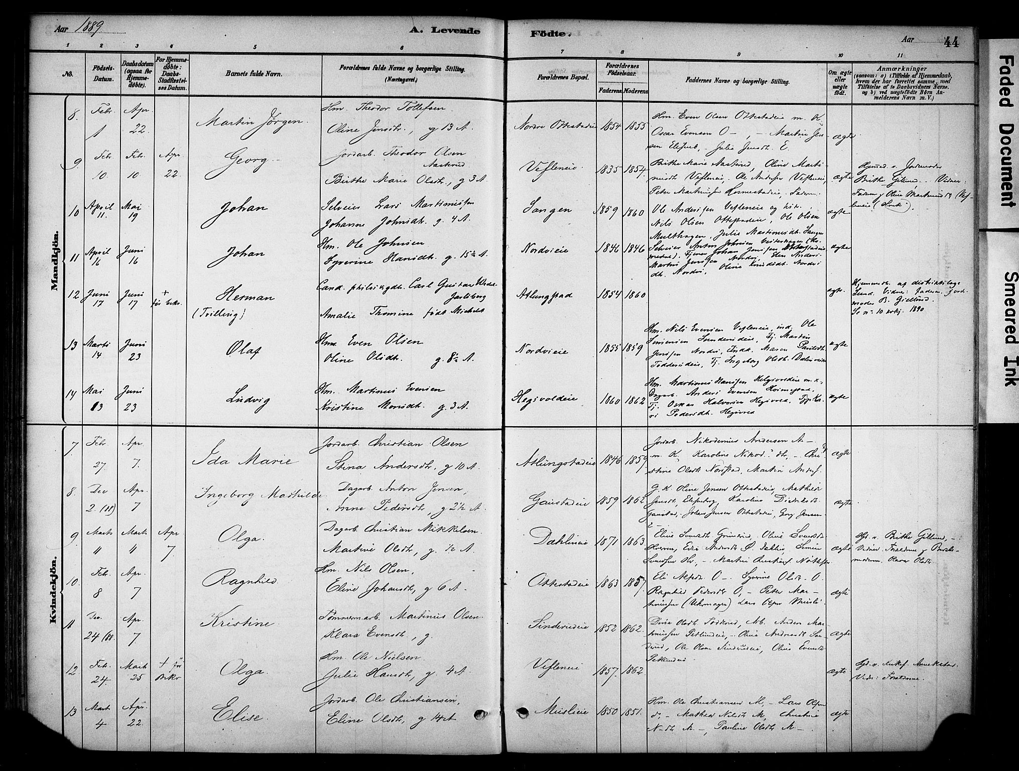 Stange prestekontor, SAH/PREST-002/K/L0019: Parish register (official) no. 19, 1880-1891, p. 44