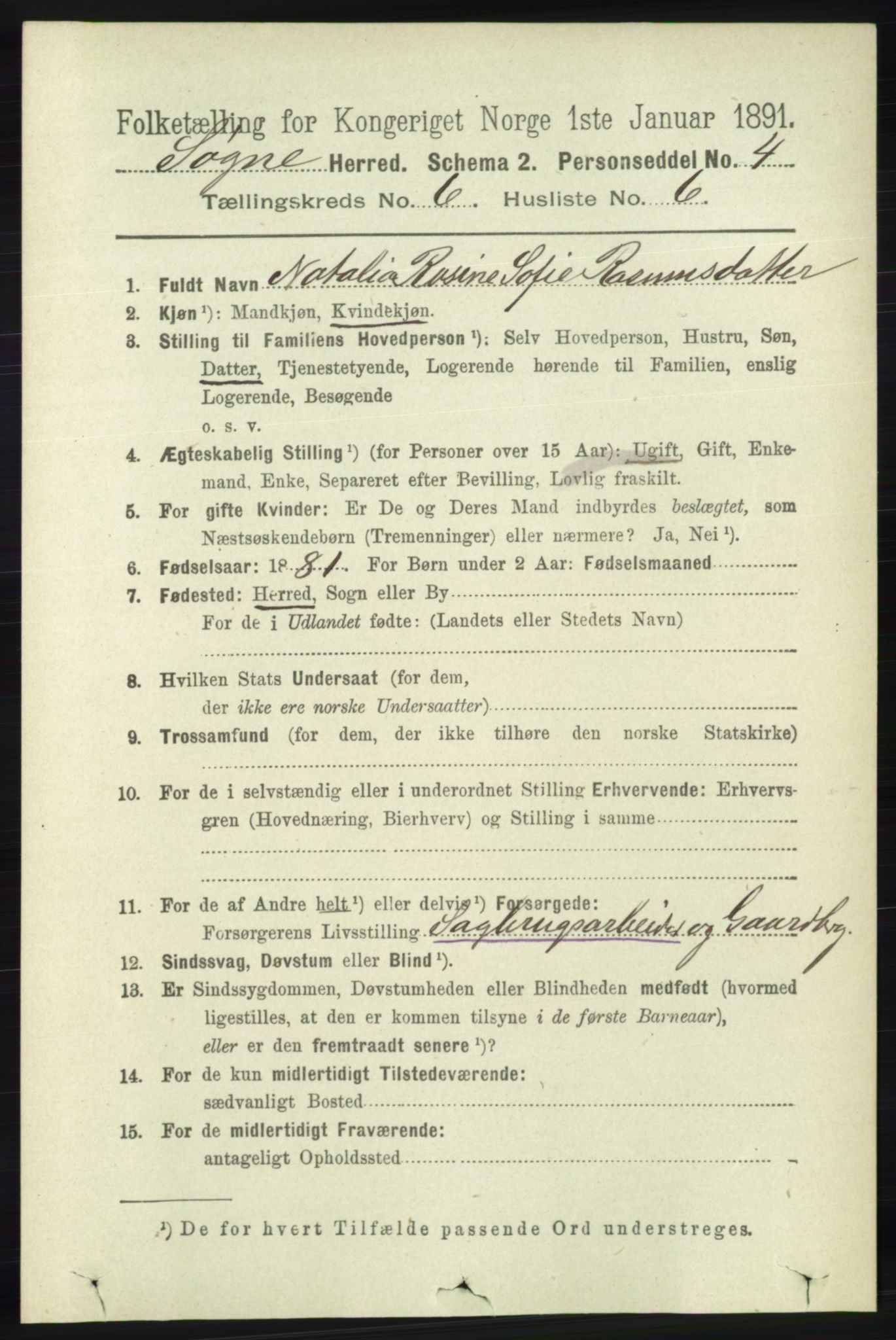 RA, 1891 census for 1018 Søgne, 1891, p. 1400