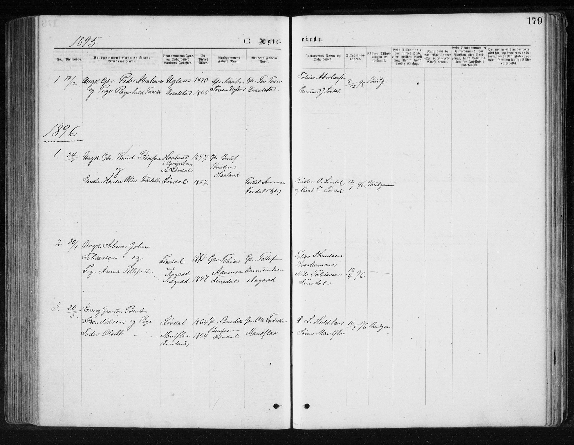 Holum sokneprestkontor, SAK/1111-0022/F/Fb/Fbb/L0003: Parish register (copy) no. B 3, 1875-1898, p. 179