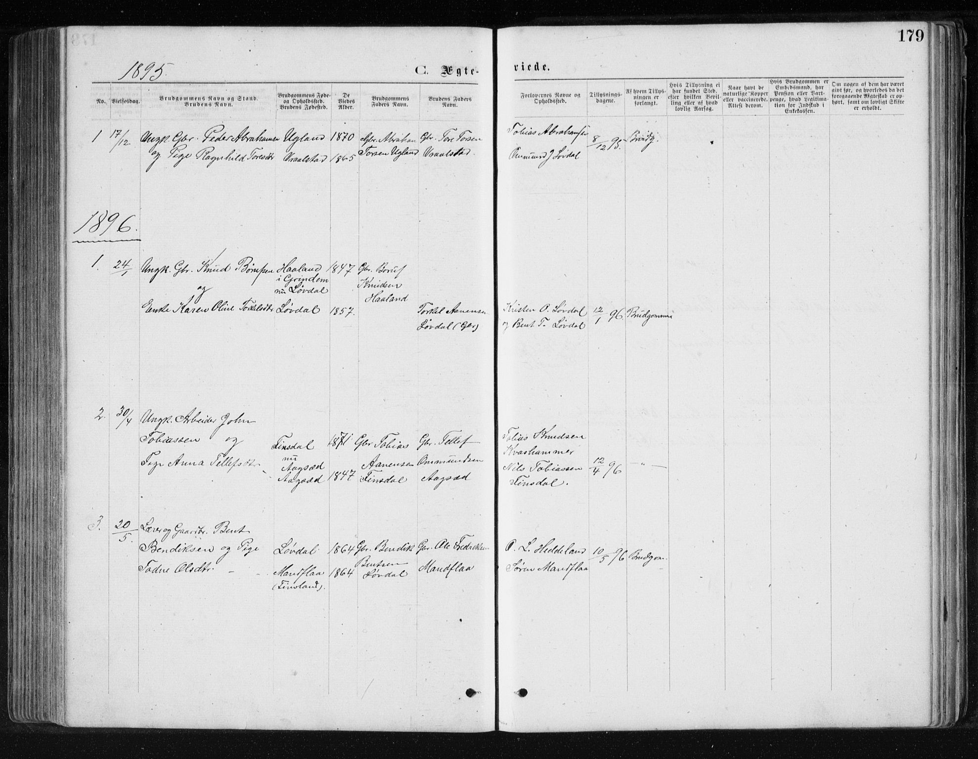 Holum sokneprestkontor, AV/SAK-1111-0022/F/Fb/Fbb/L0003: Parish register (copy) no. B 3, 1875-1898, p. 179