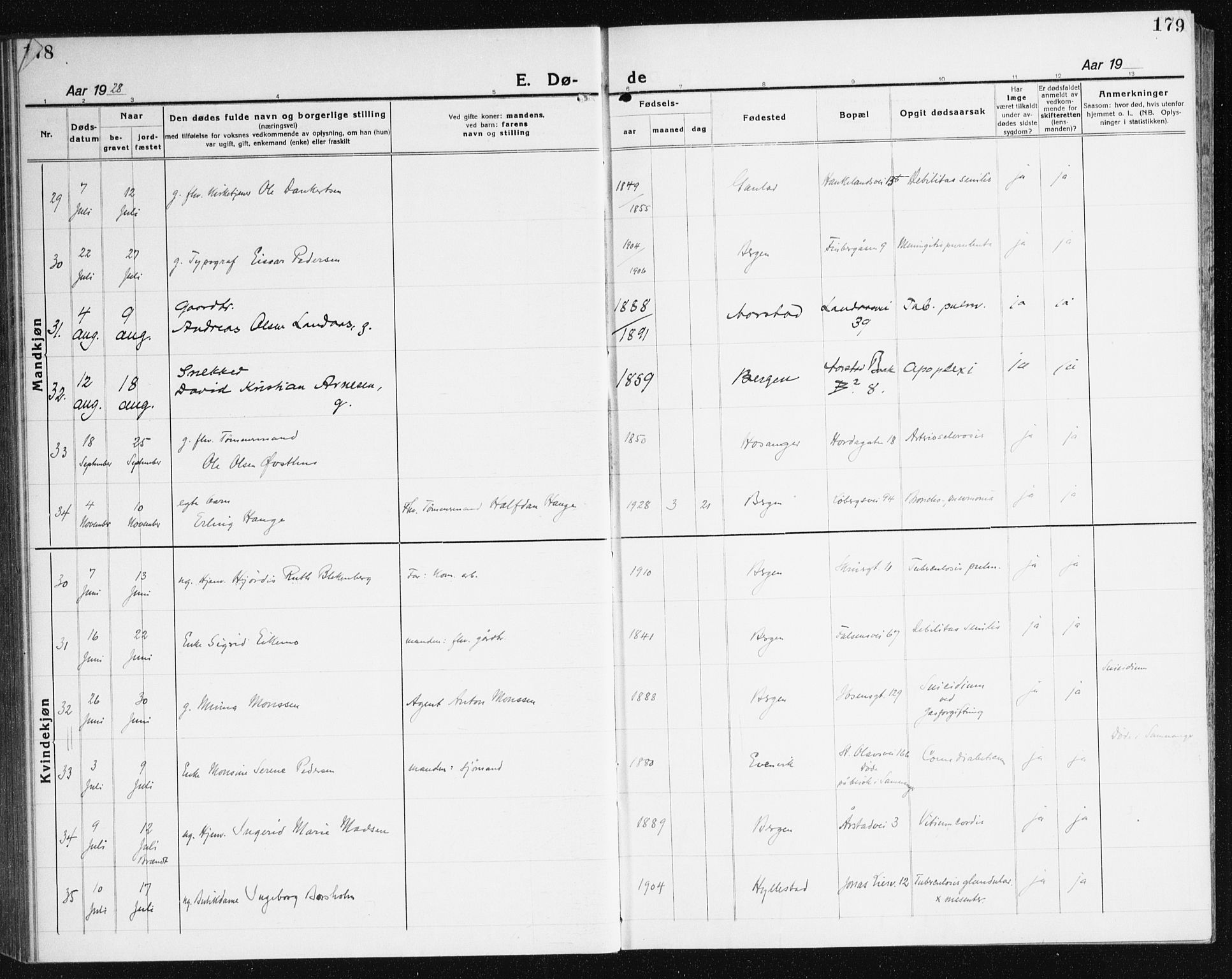 Årstad Sokneprestembete, AV/SAB-A-79301/H/Haa/L0010: Parish register (official) no. E 1, 1921-1940, p. 178-179