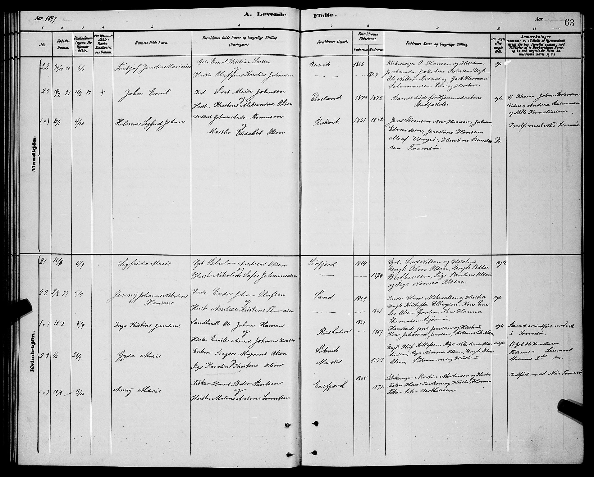 Lenvik sokneprestembete, AV/SATØ-S-1310/H/Ha/Hab/L0021klokker: Parish register (copy) no. 21, 1884-1900, p. 63