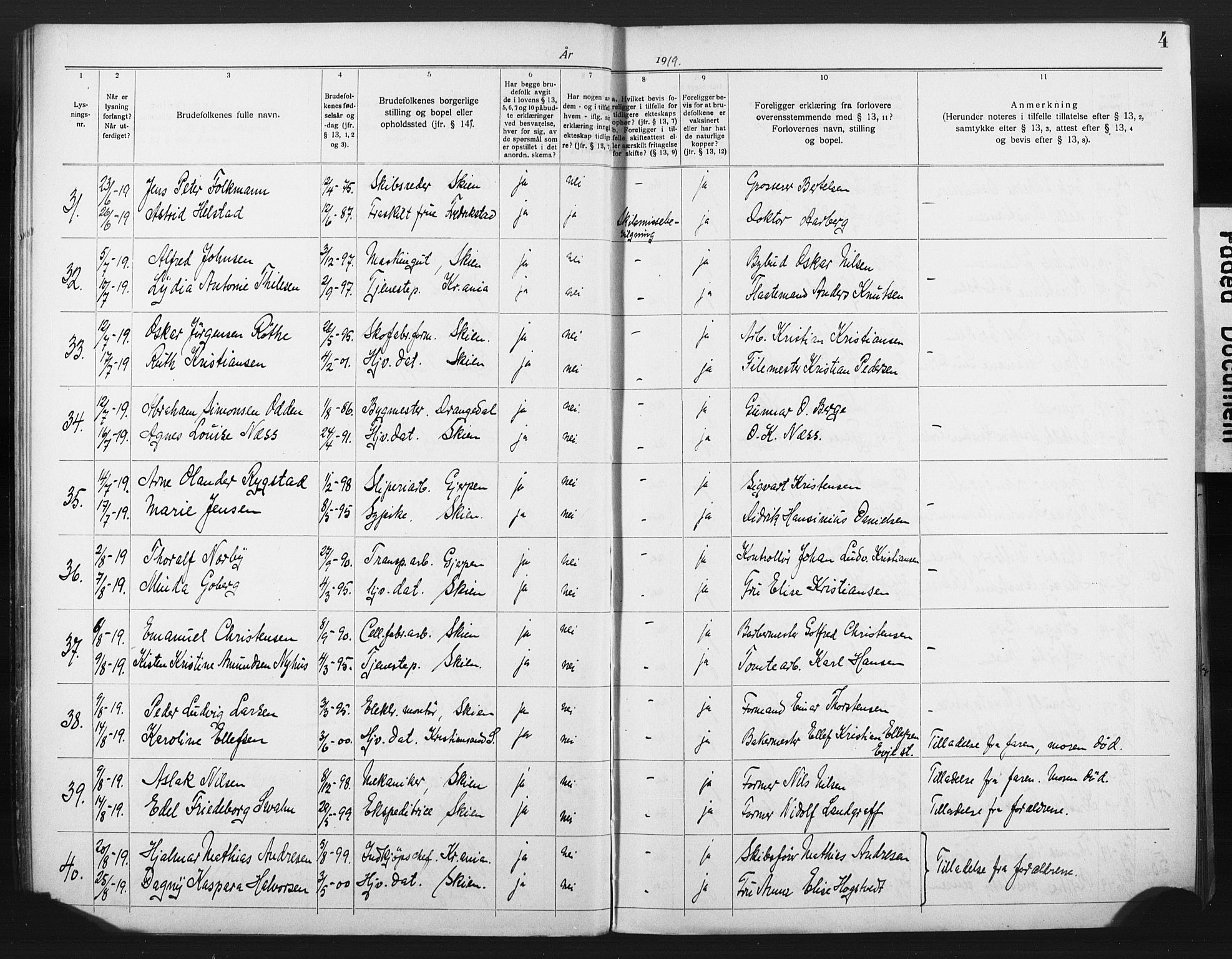 Skien kirkebøker, AV/SAKO-A-302/H/Ha/L0001: Banns register no. 1, 1919-1929, p. 4