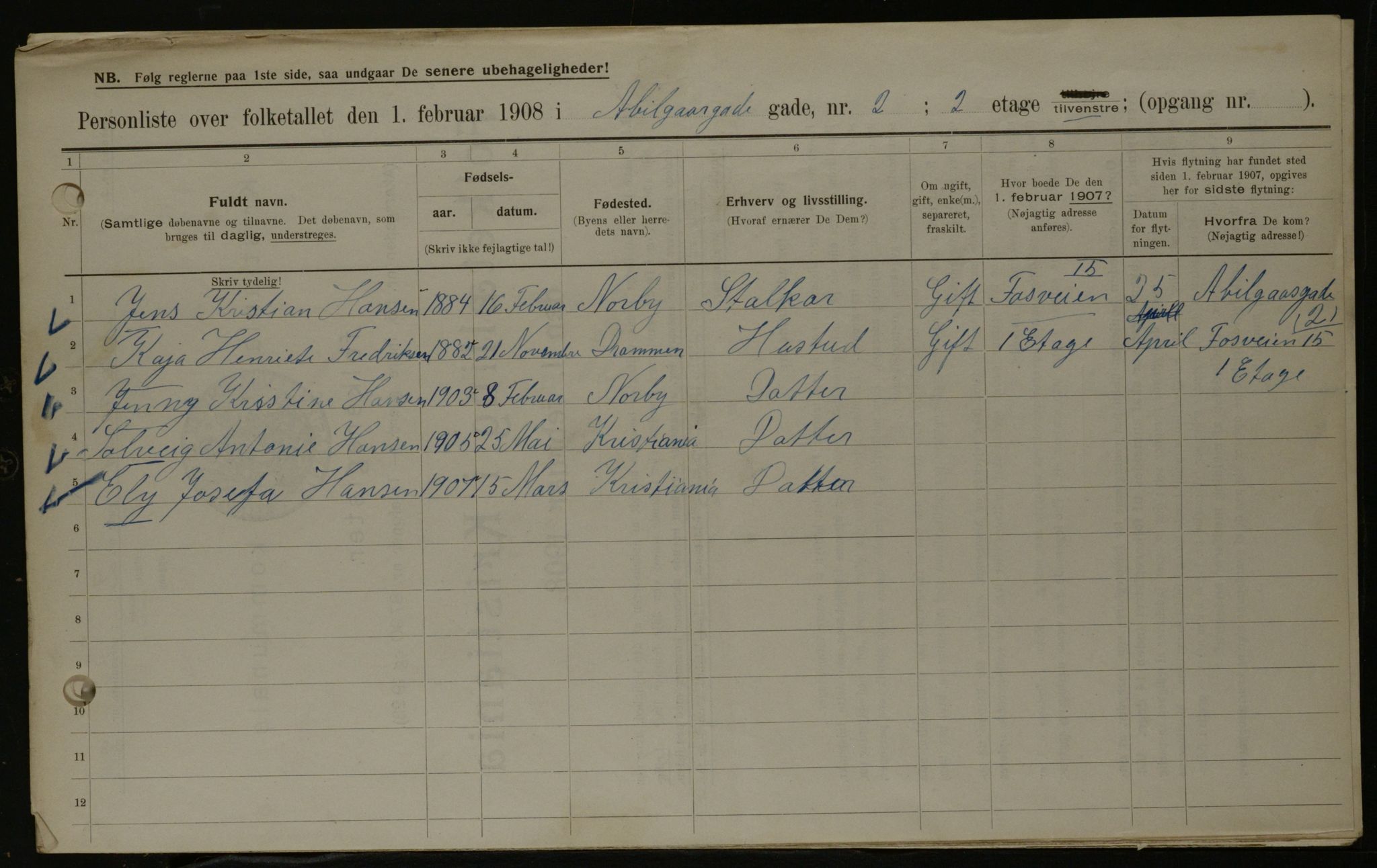 OBA, Municipal Census 1908 for Kristiania, 1908, p. 4
