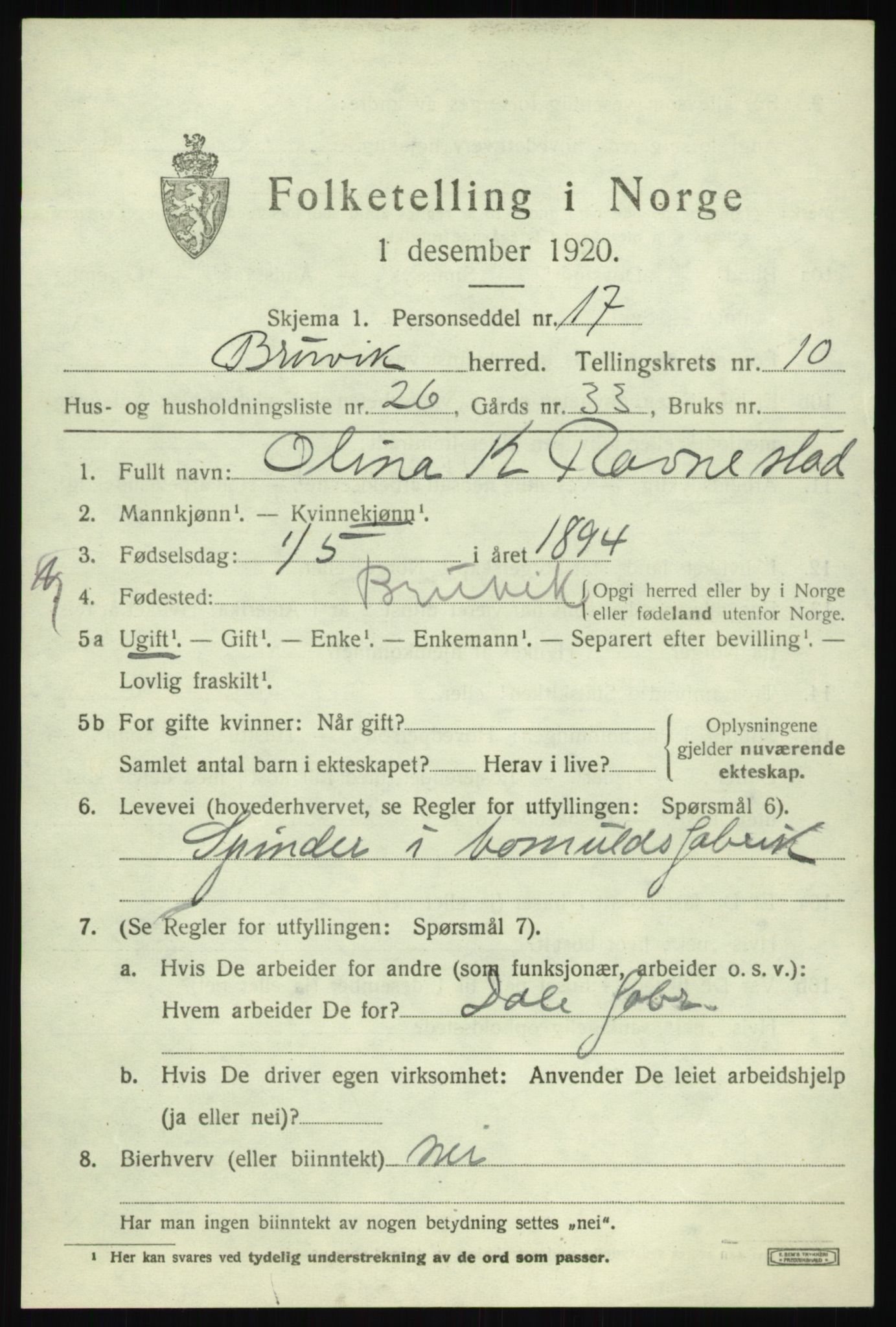 SAB, 1920 census for Bruvik, 1920, p. 7624