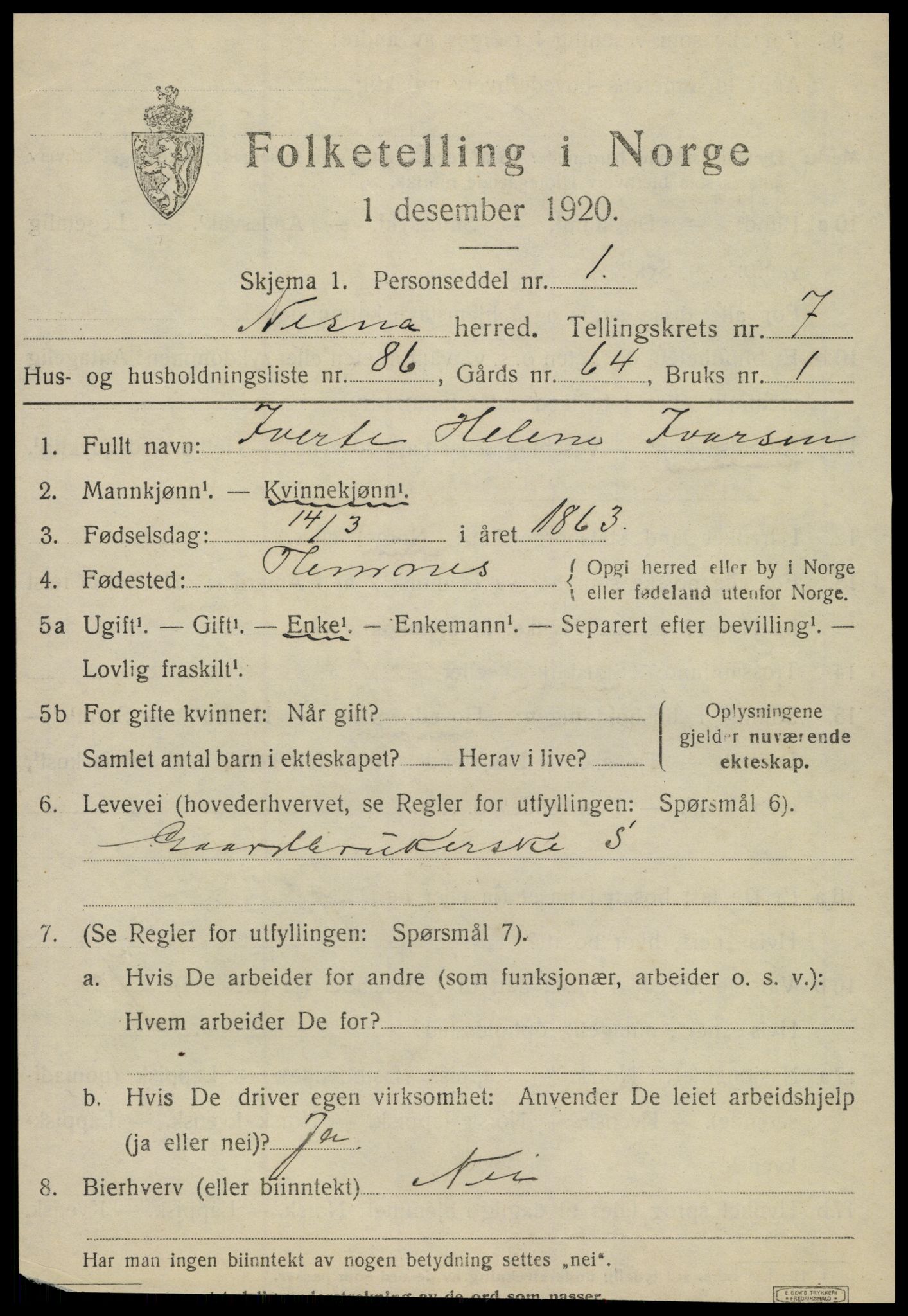 SAT, 1920 census for Nesna, 1920, p. 6547