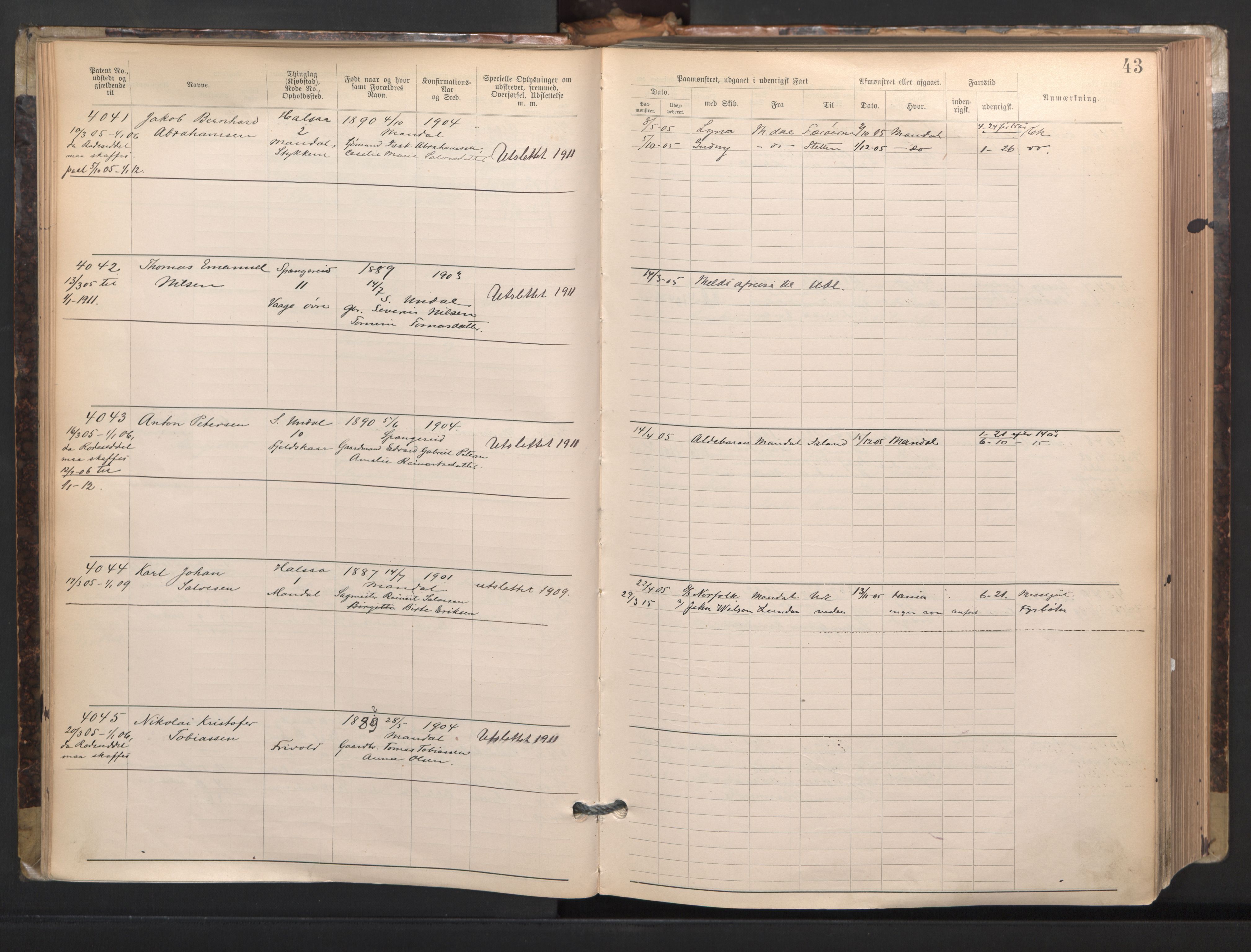 Mandal mønstringskrets, AV/SAK-2031-0016/F/Fa/L0003: Annotasjonsrulle nr 3831-4730 med register, L-5, 1900-1948, p. 67