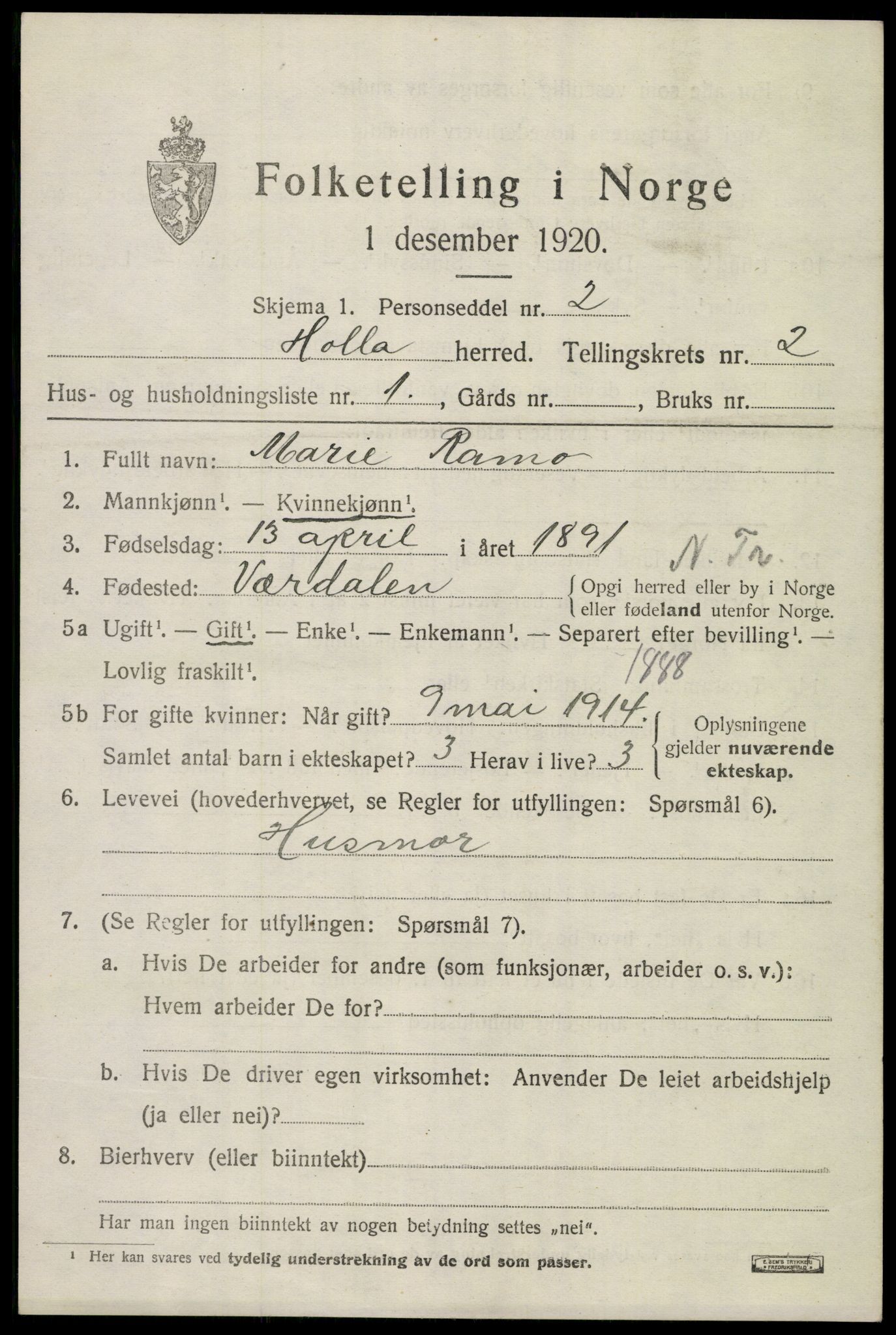 SAKO, 1920 census for Holla, 1920, p. 1737