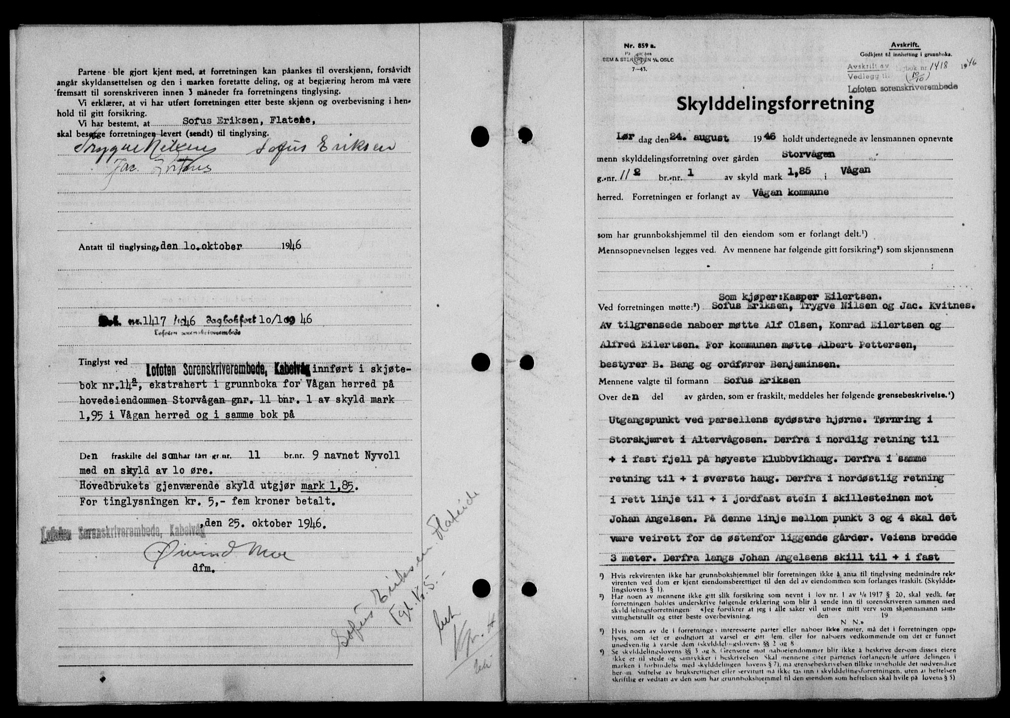 Lofoten sorenskriveri, SAT/A-0017/1/2/2C/L0014a: Mortgage book no. 14a, 1946-1946, Diary no: : 1418/1946