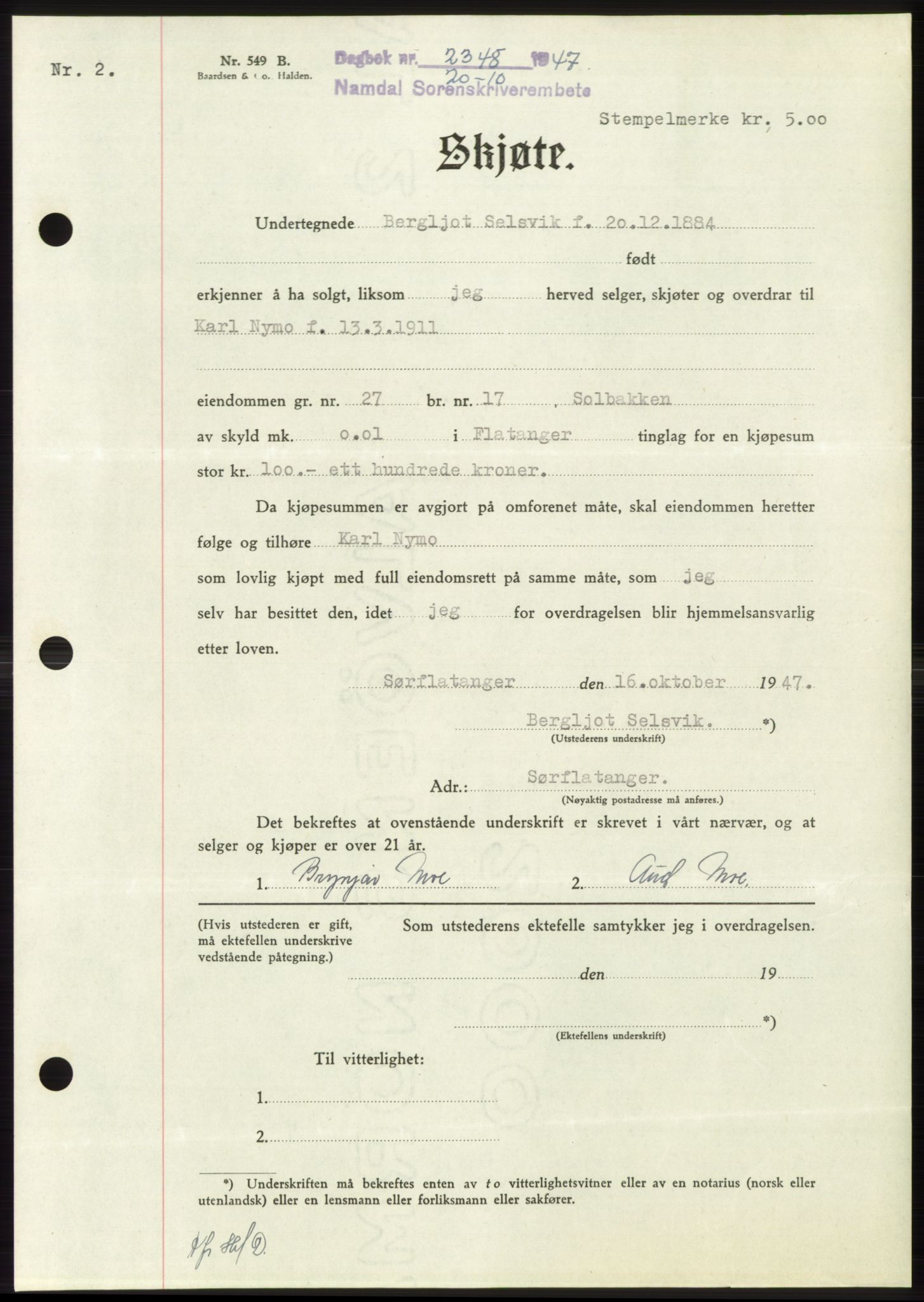 Namdal sorenskriveri, AV/SAT-A-4133/1/2/2C: Mortgage book no. -, 1947-1947, Diary no: : 2348/1947