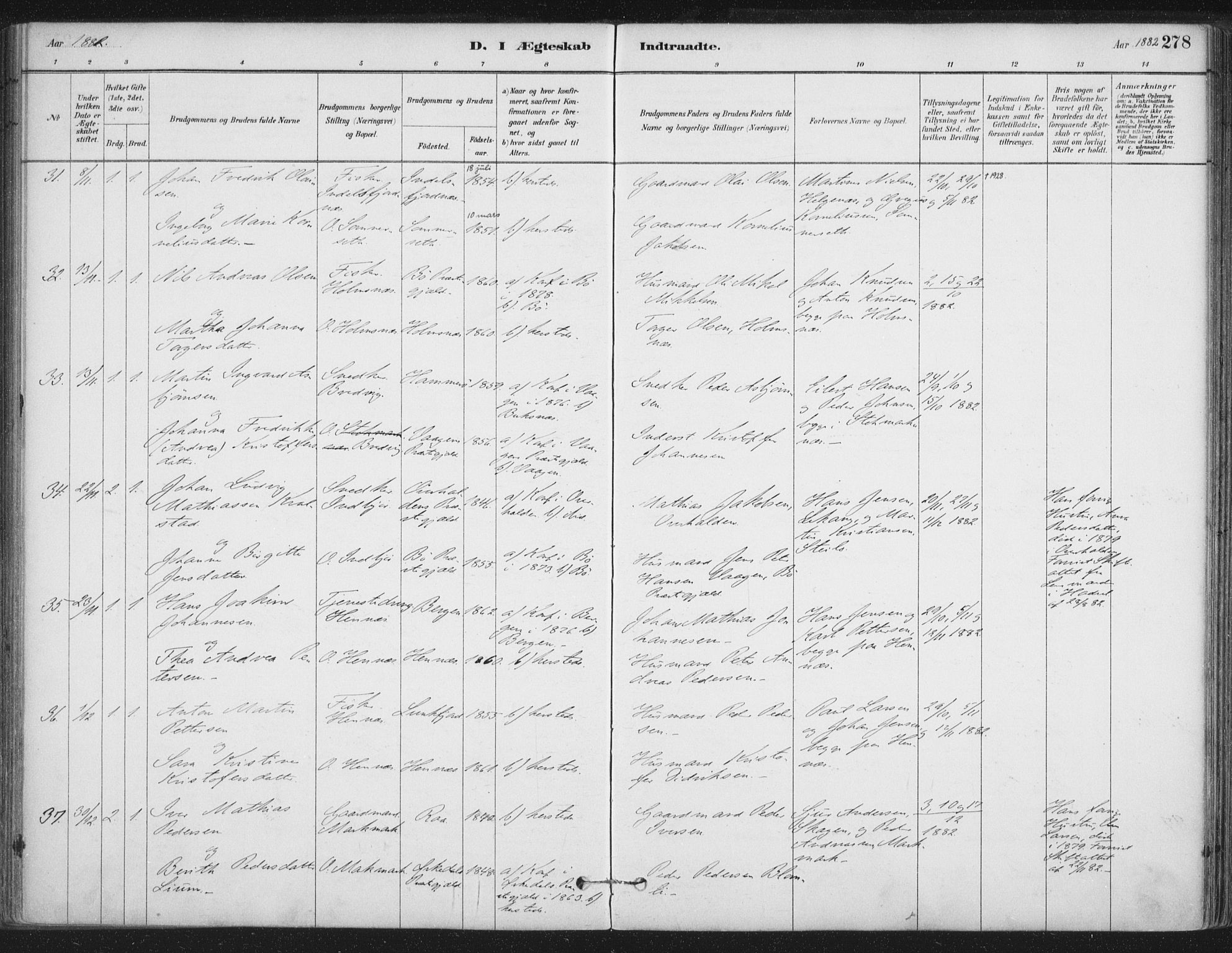 Ministerialprotokoller, klokkerbøker og fødselsregistre - Nordland, SAT/A-1459/888/L1244: Parish register (official) no. 888A10, 1880-1890, p. 278