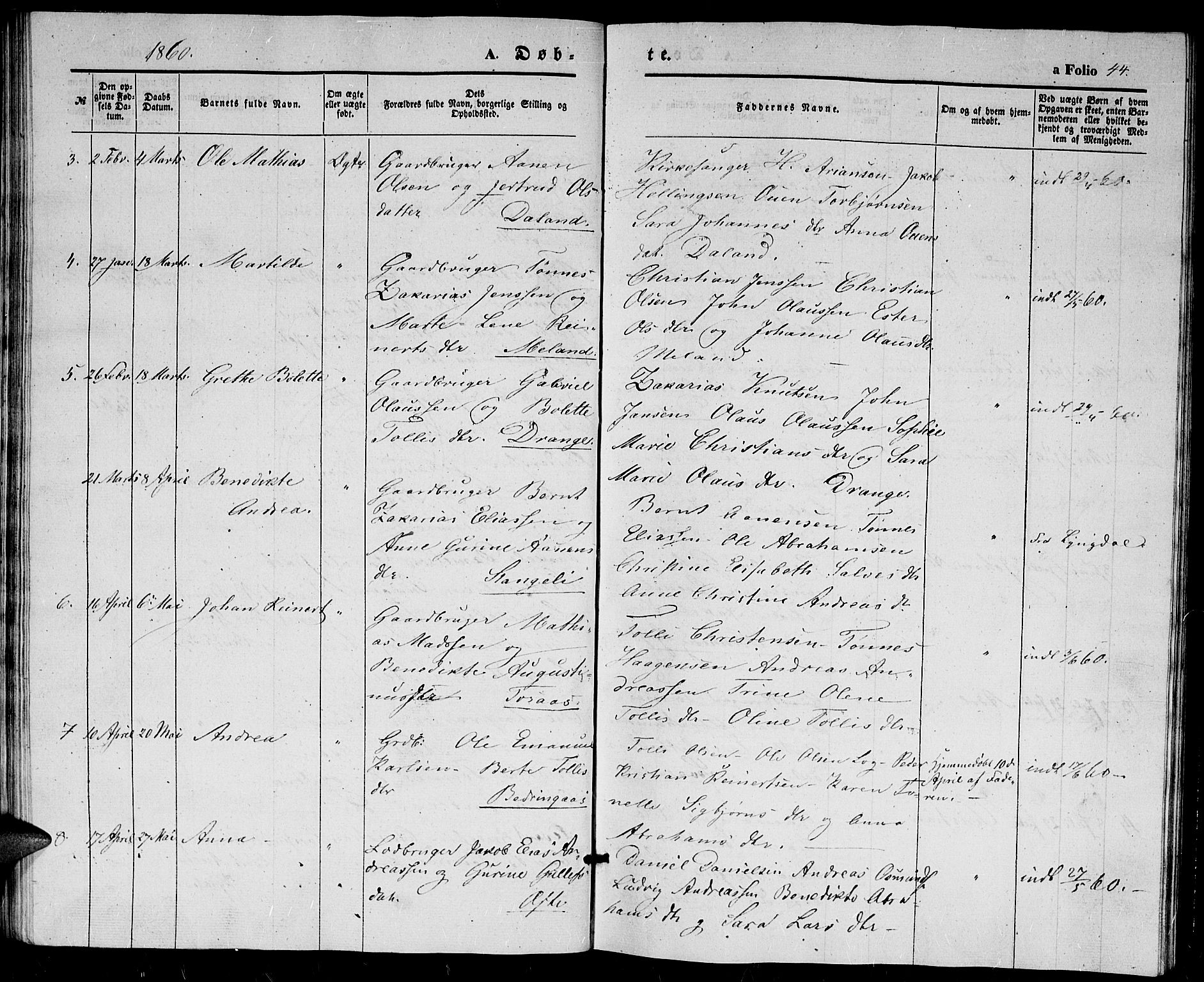 Herad sokneprestkontor, SAK/1111-0018/F/Fb/Fba/L0002: Parish register (copy) no. B 2, 1852-1862, p. 44