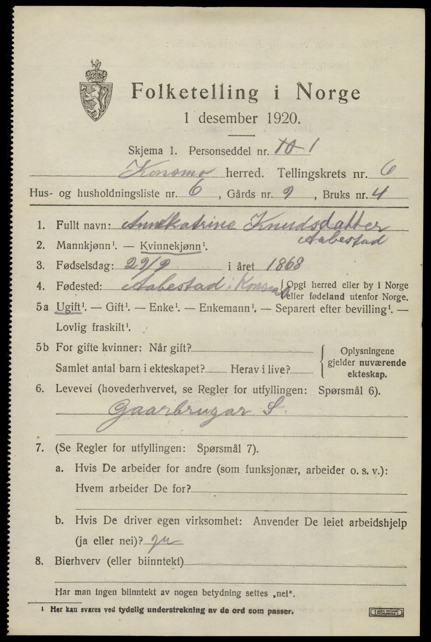 SAK, 1920 census for Konsmo, 1920, p. 1420