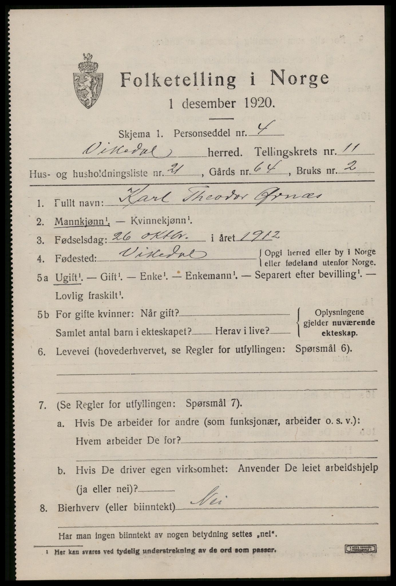 SAST, 1920 census for Vikedal, 1920, p. 3747