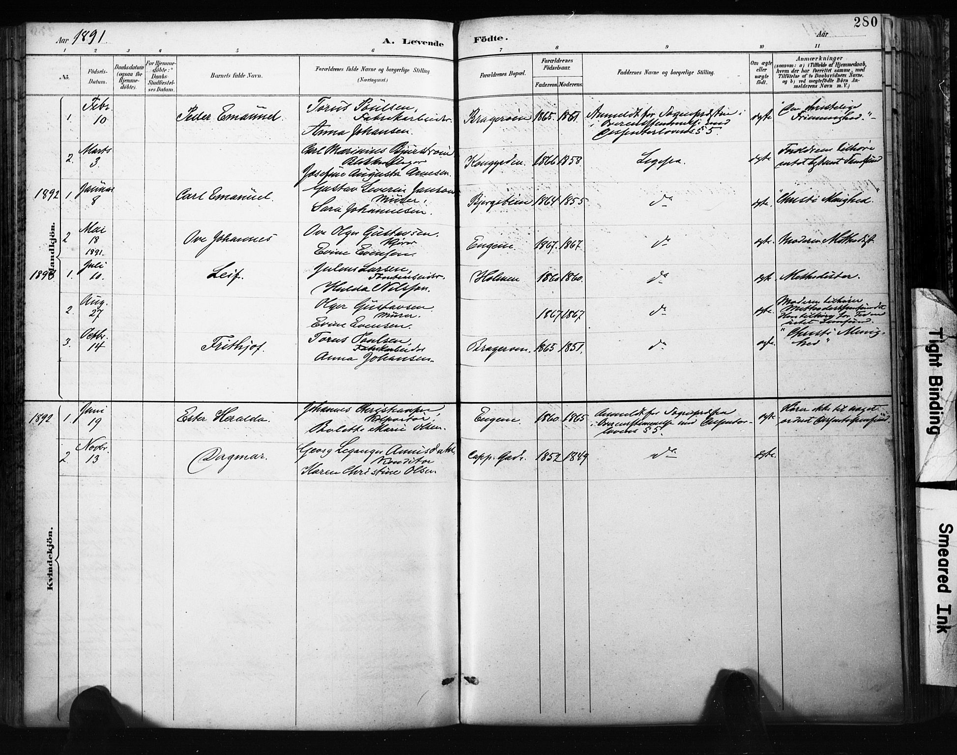 Bragernes kirkebøker, AV/SAKO-A-6/F/Fb/L0007: Parish register (official) no. II 7, 1885-1893, p. 280