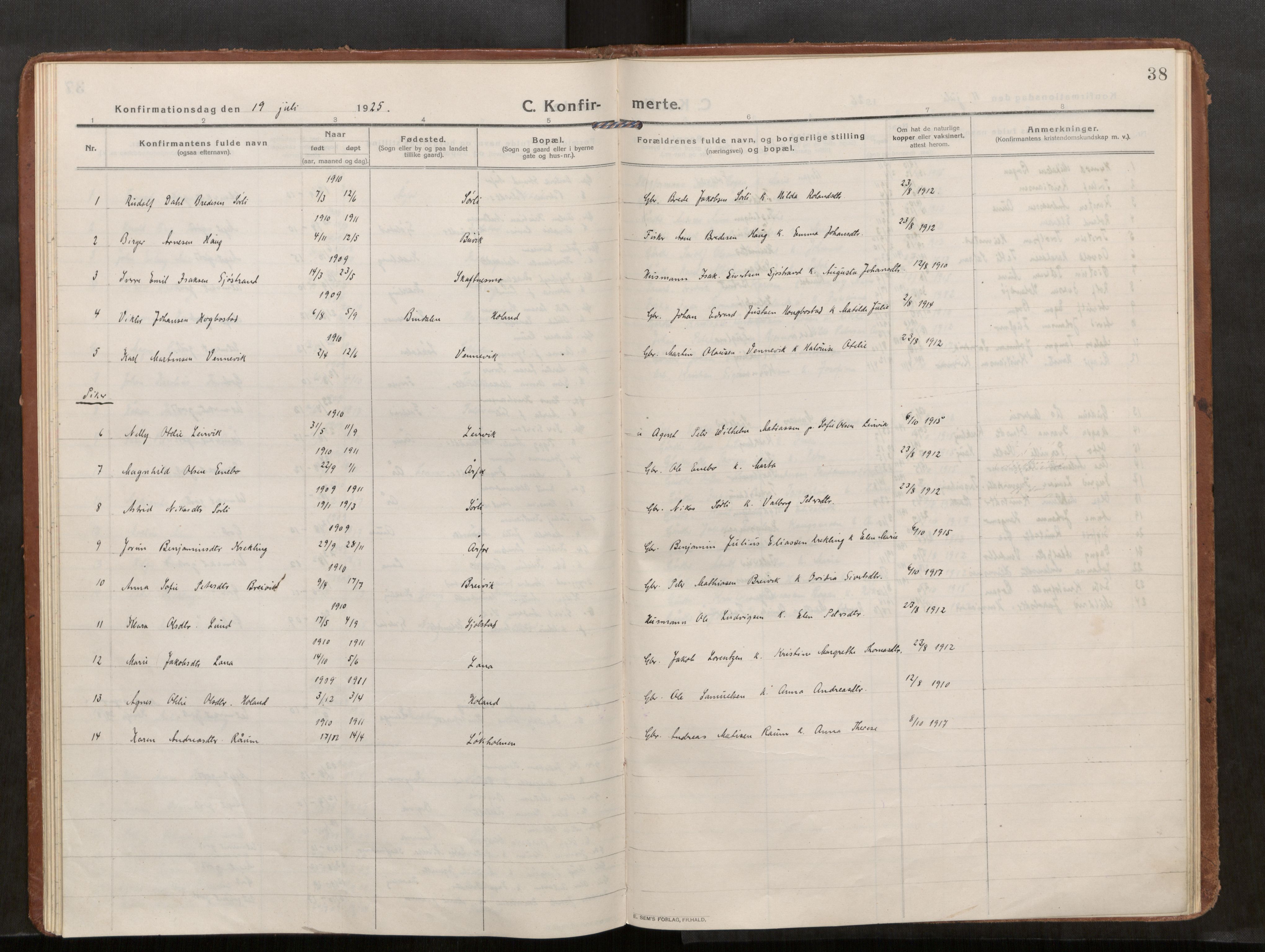 Kolvereid sokneprestkontor, SAT/A-1171/H/Ha/Haa/L0002: Parish register (official) no. 2, 1914-1926, p. 38