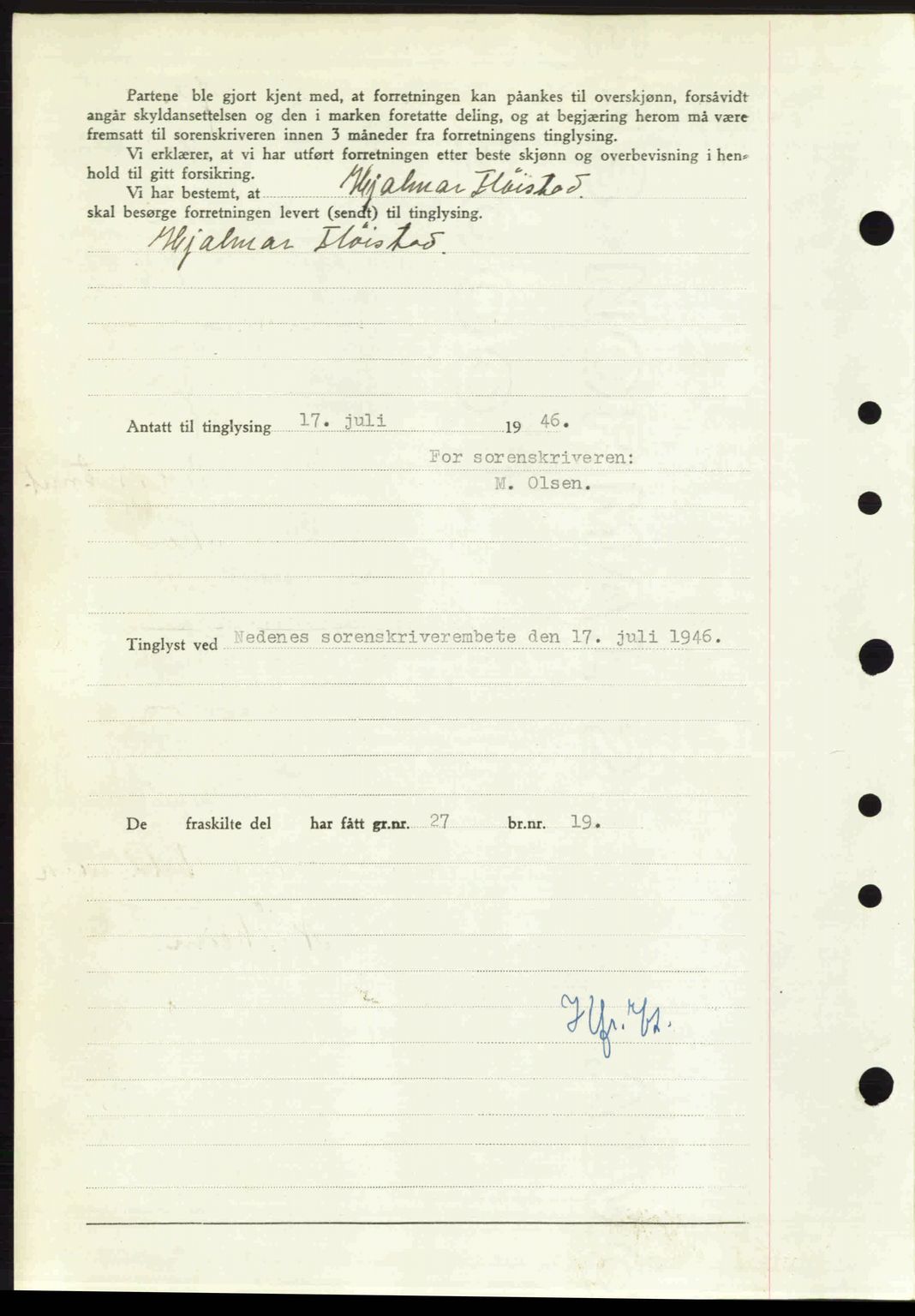 Nedenes sorenskriveri, AV/SAK-1221-0006/G/Gb/Gba/L0055: Mortgage book no. A7, 1946-1946, Diary no: : 785/1946