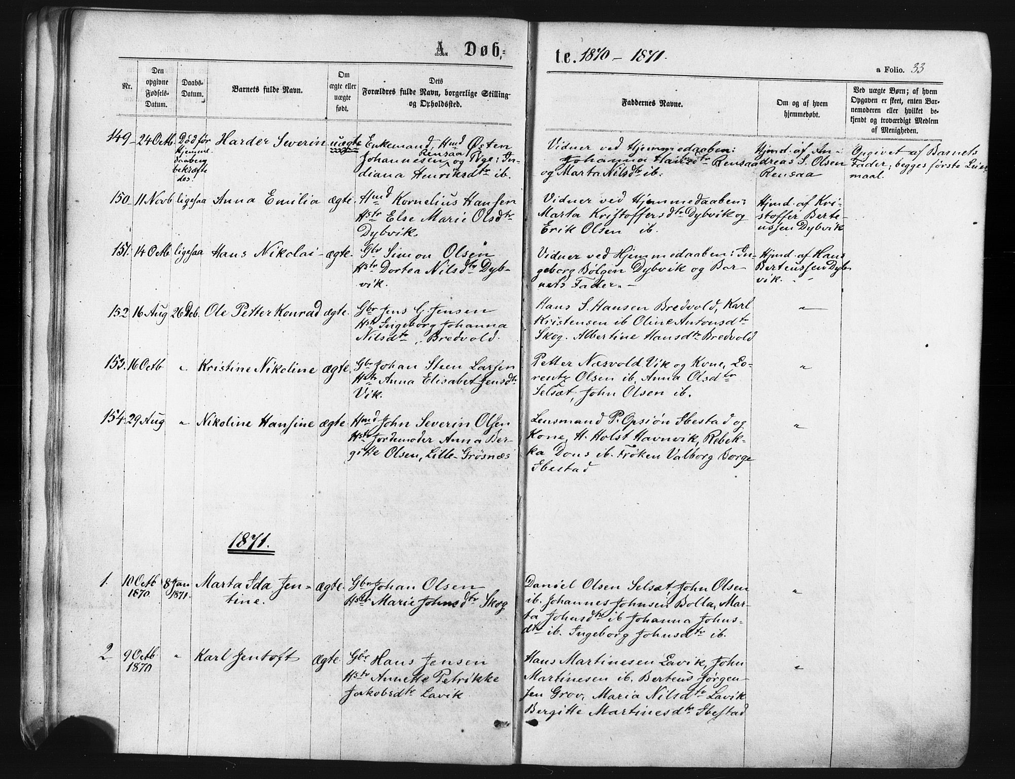 Ibestad sokneprestembete, SATØ/S-0077/H/Ha/Haa/L0010kirke: Parish register (official) no. 10, 1869-1879, p. 33