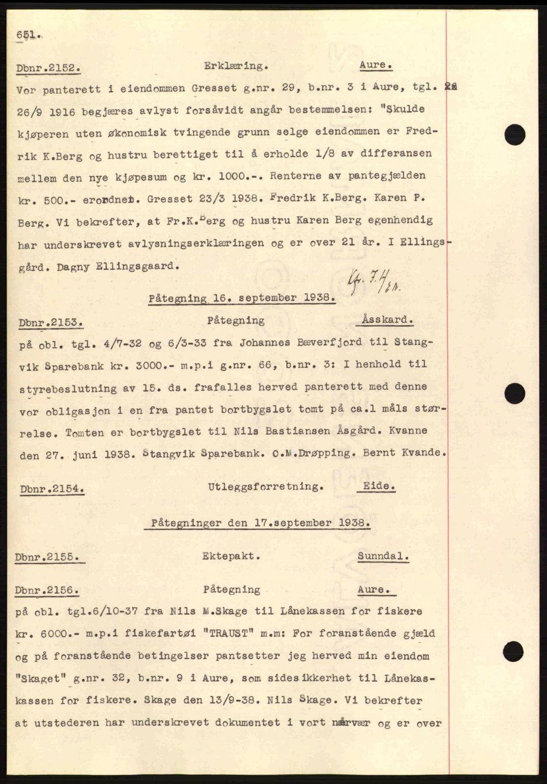 Nordmøre sorenskriveri, AV/SAT-A-4132/1/2/2Ca: Mortgage book no. C80, 1936-1939, Diary no: : 2152/1938