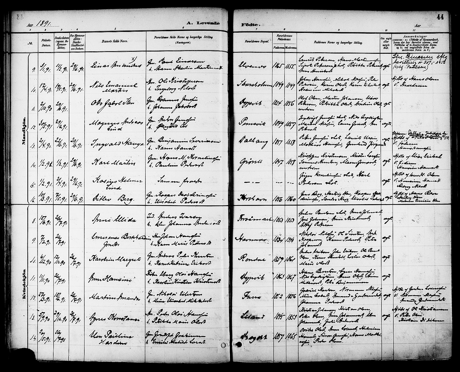 Ministerialprotokoller, klokkerbøker og fødselsregistre - Nordland, SAT/A-1459/863/L0898: Parish register (official) no. 863A10, 1886-1897, p. 44