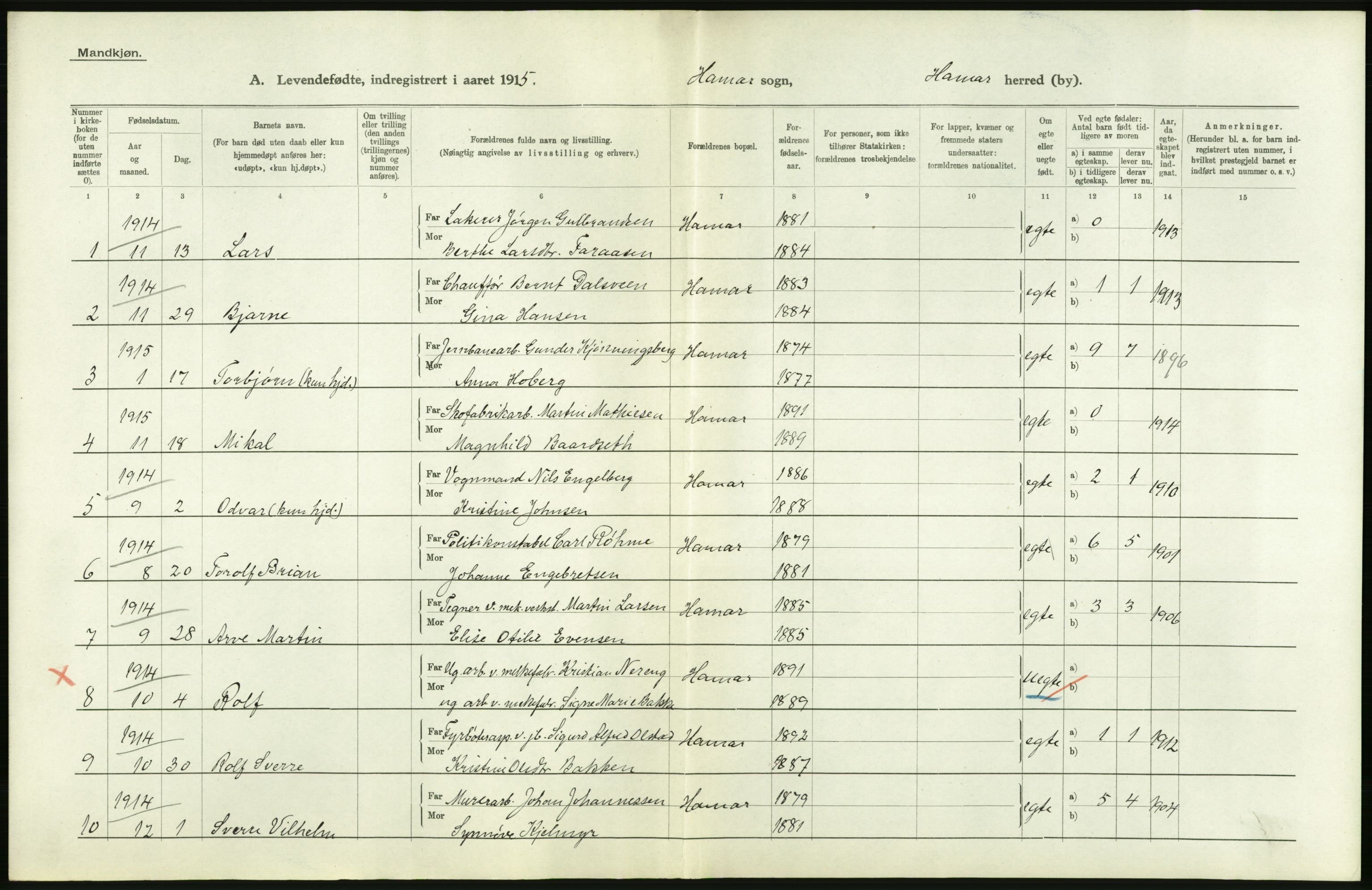 Statistisk sentralbyrå, Sosiodemografiske emner, Befolkning, AV/RA-S-2228/D/Df/Dfb/Dfbe/L0011: Hedemarkens amt: Levendefødte menn og kvinner. Bygder og byer., 1915, p. 826