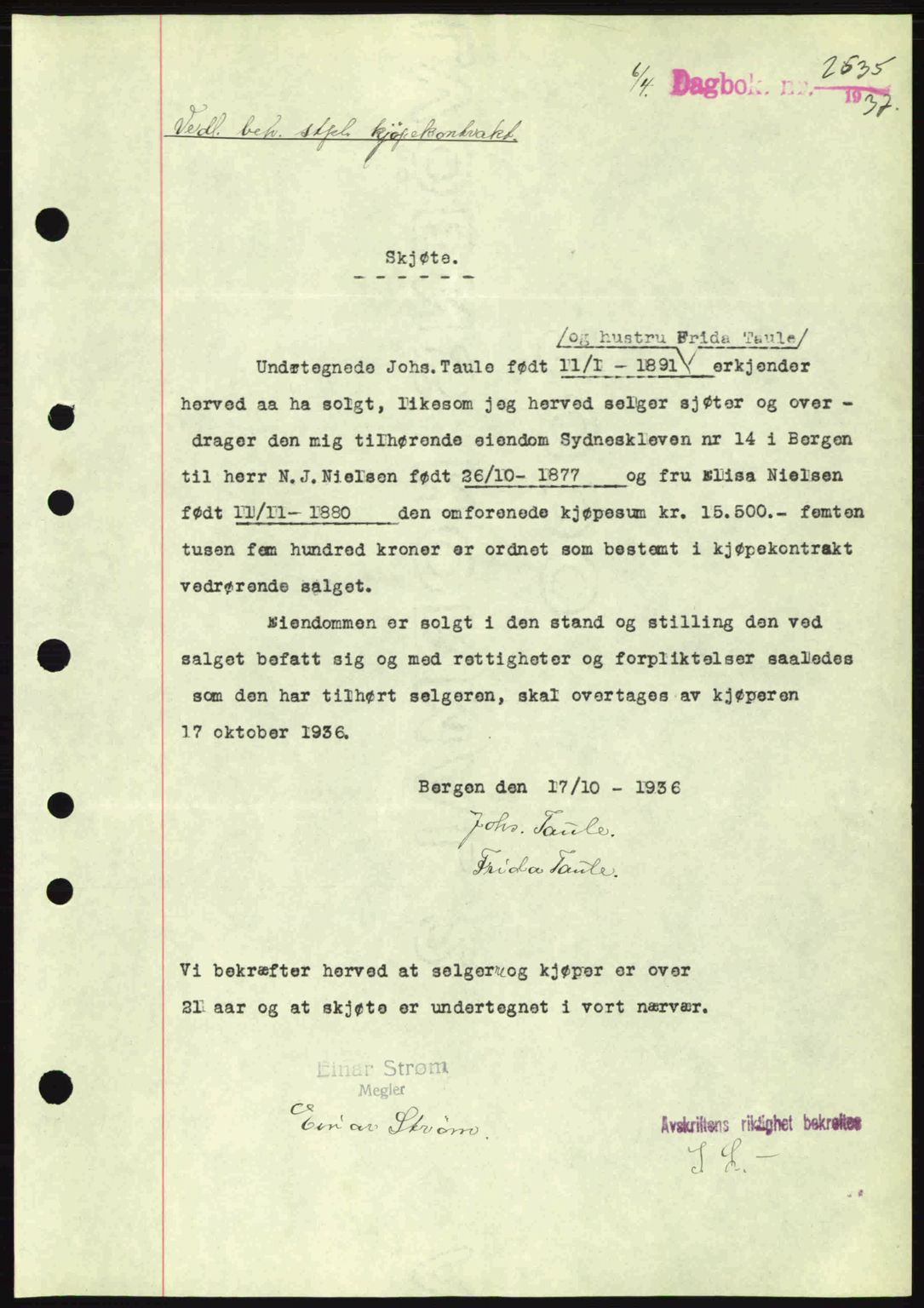 Byfogd og Byskriver i Bergen, SAB/A-3401/03/03Bc/L0004: Mortgage book no. A3-4, 1936-1937, Diary no: : 2535/1937