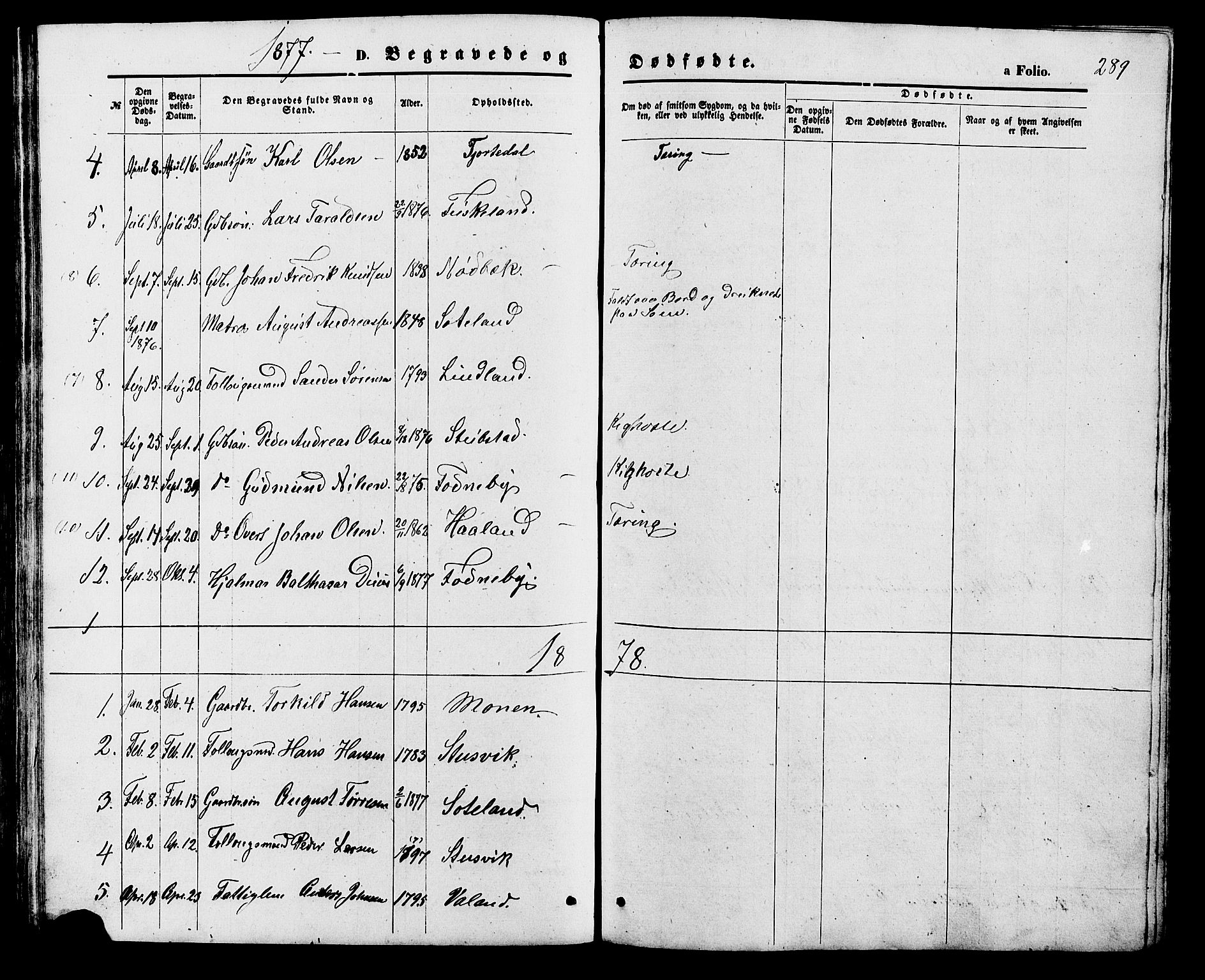 Holum sokneprestkontor, SAK/1111-0022/F/Fb/Fba/L0004: Parish register (copy) no. B 4, 1867-1890, p. 289