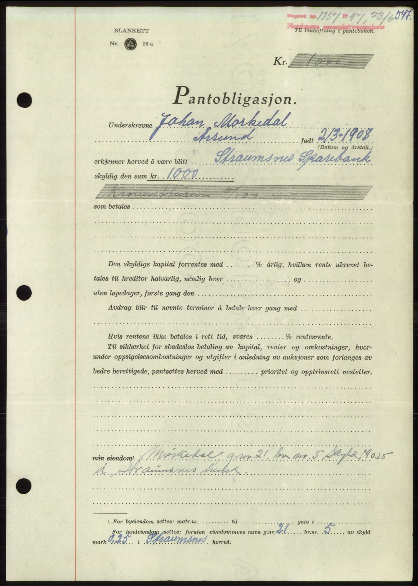 Nordmøre sorenskriveri, AV/SAT-A-4132/1/2/2Ca: Mortgage book no. B96, 1947-1947, Diary no: : 1357/1947