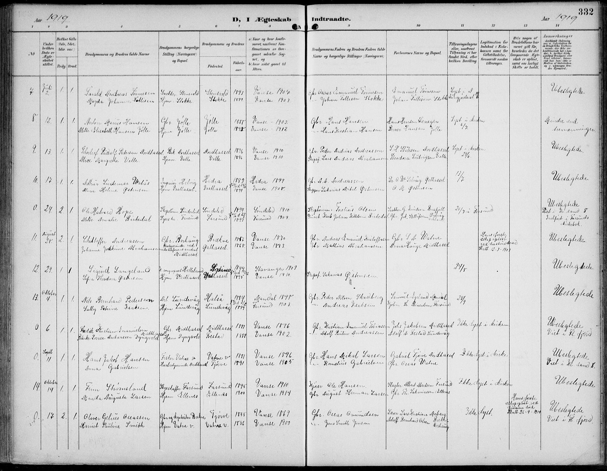 Lista sokneprestkontor, AV/SAK-1111-0027/F/Fb/L0005: Parish register (copy) no. B 5, 1892-1923, p. 332