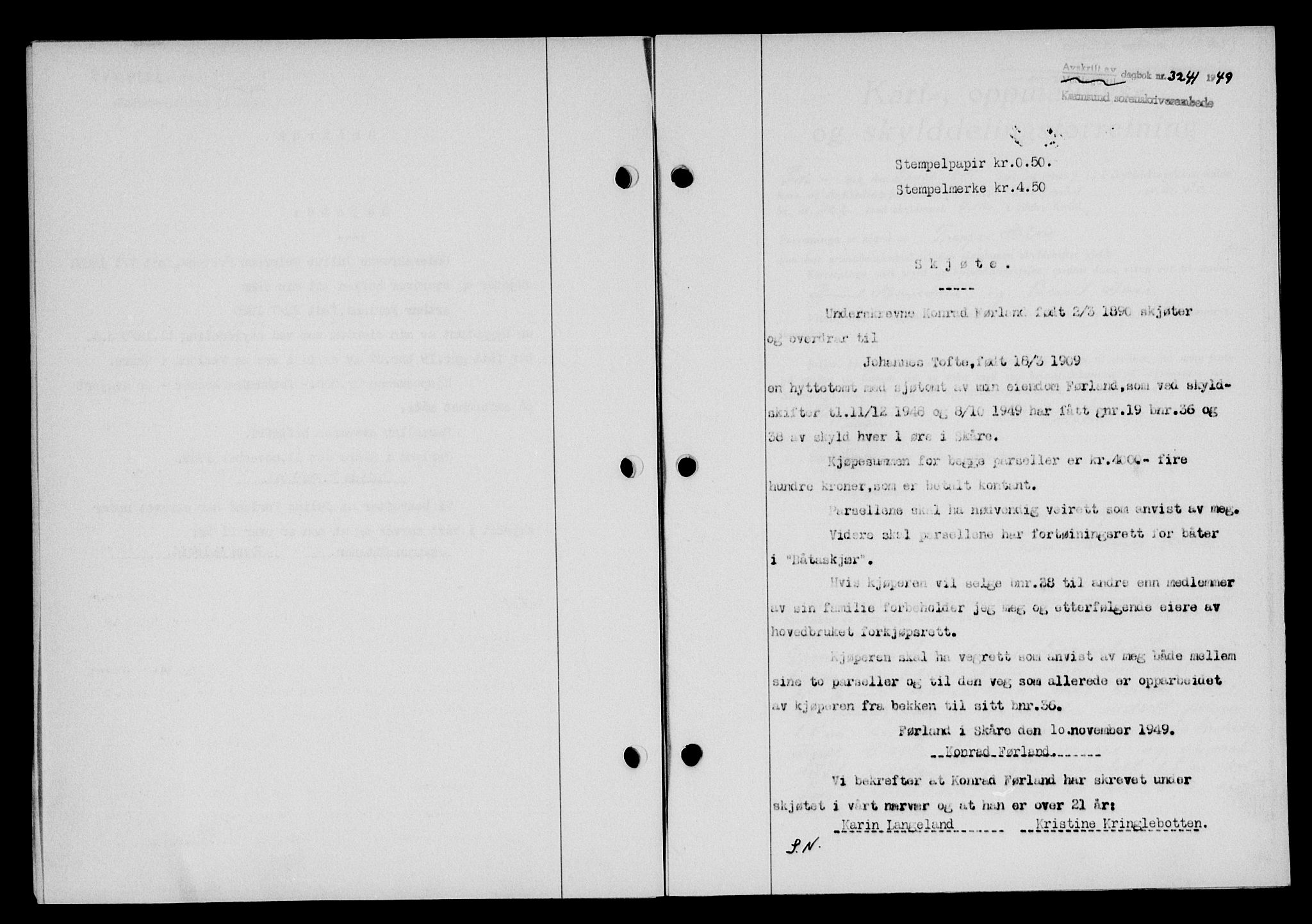 Karmsund sorenskriveri, AV/SAST-A-100311/01/II/IIB/L0098: Mortgage book no. 78A, 1949-1950, Diary no: : 3241/1949