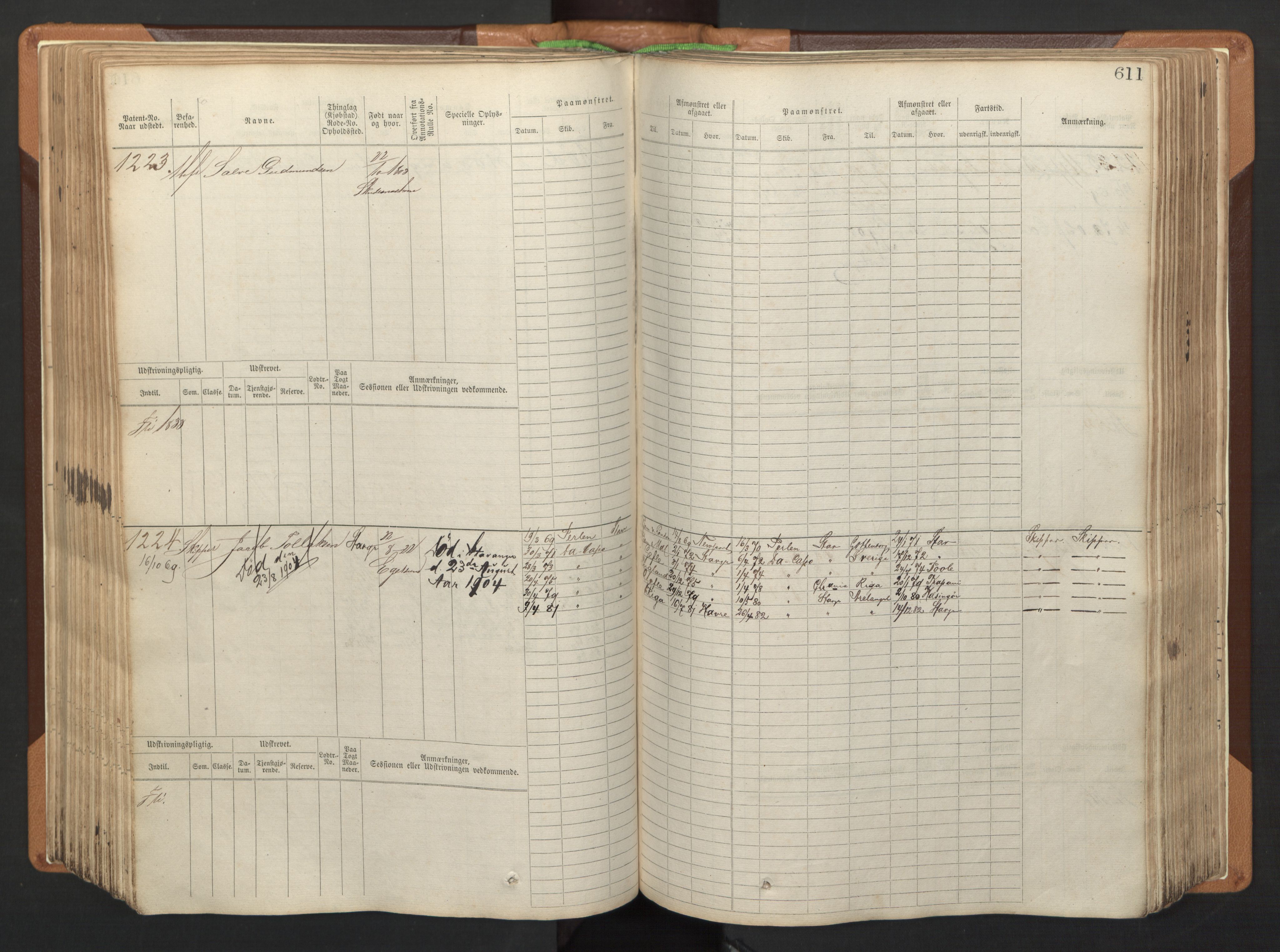 Stavanger sjømannskontor, AV/SAST-A-102006/F/Fb/Fbb/L0005: Sjøfartshovedrulle, patentnr. 793-1606 (del 2), 1869-1880, p. 221