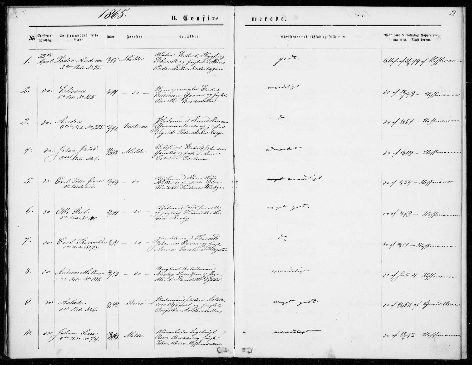 Ministerialprotokoller, klokkerbøker og fødselsregistre - Møre og Romsdal, SAT/A-1454/558/L0690: Parish register (official) no. 558A04, 1864-1872, p. 21