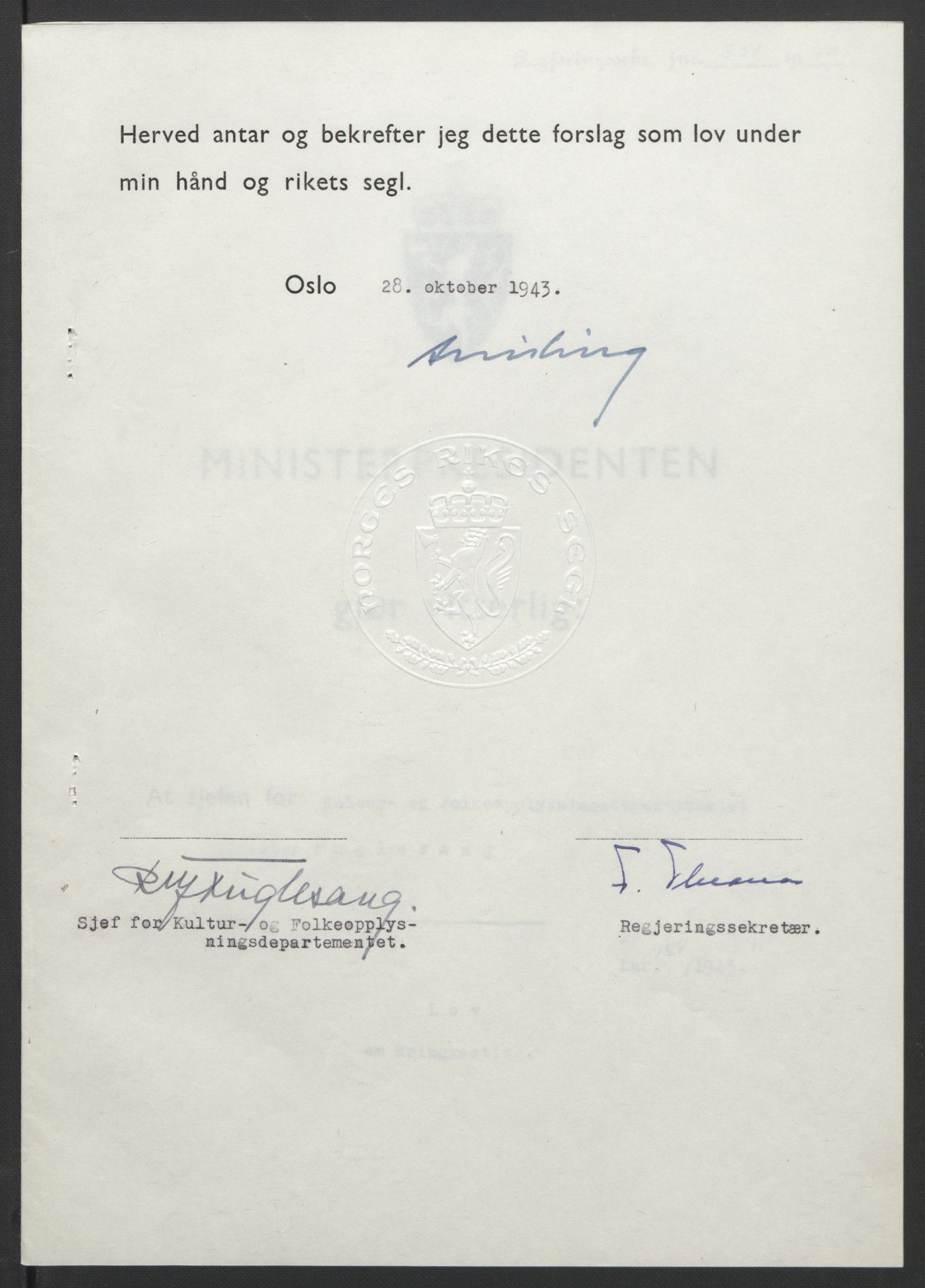 NS-administrasjonen 1940-1945 (Statsrådsekretariatet, de kommisariske statsråder mm), RA/S-4279/D/Db/L0099: Lover, 1943, p. 675