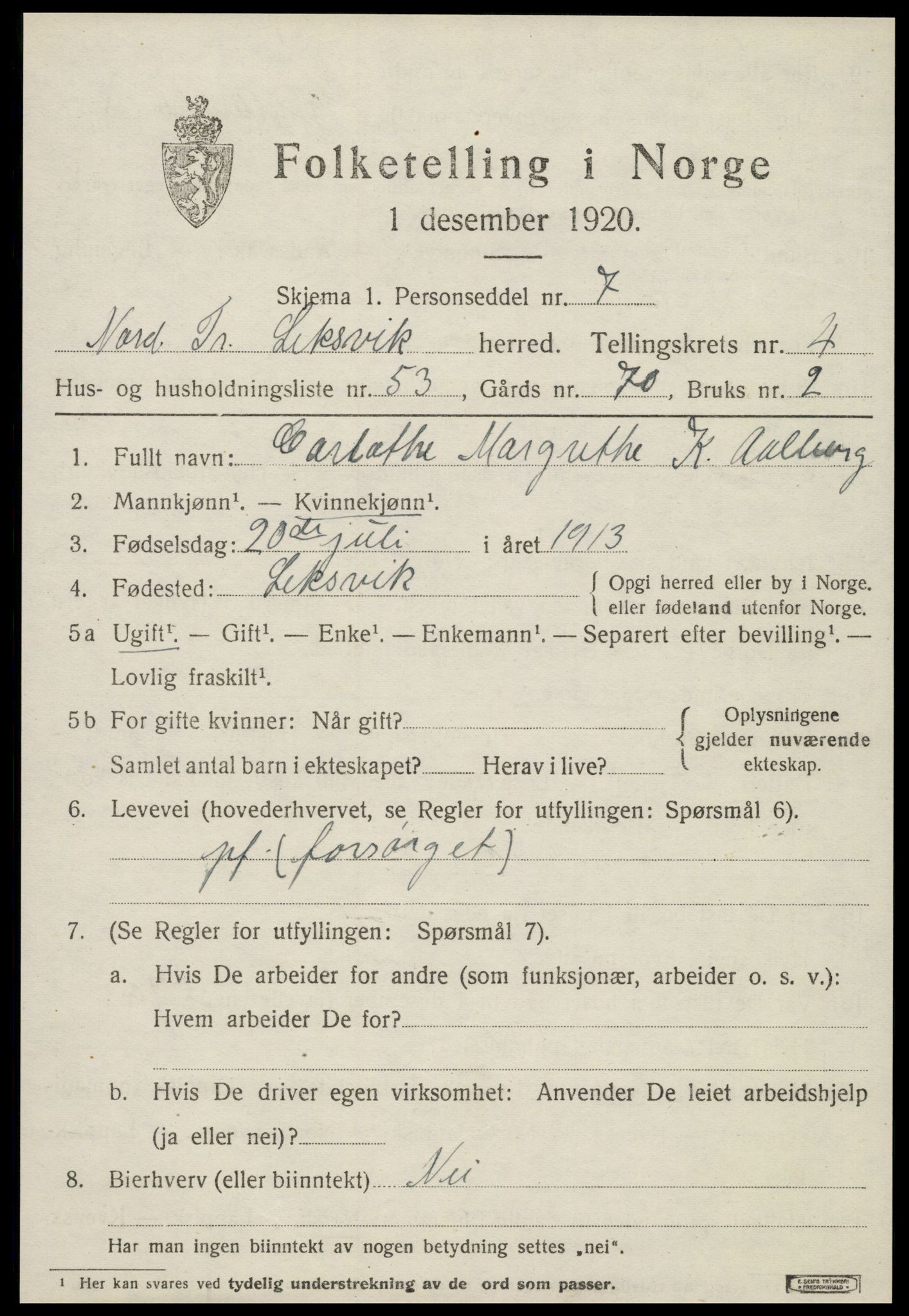 SAT, 1920 census for Leksvik, 1920, p. 4200