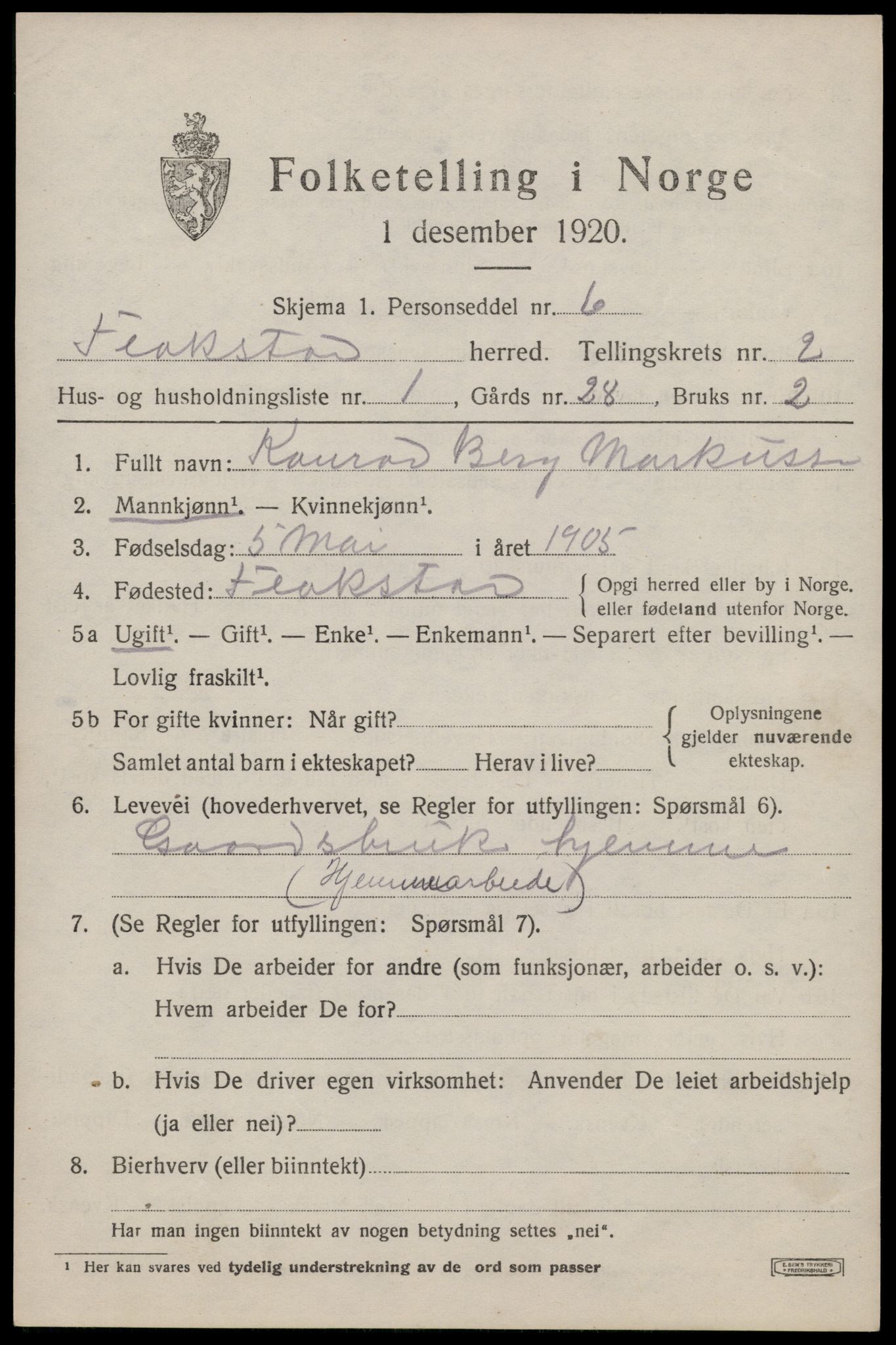 SAT, 1920 census for Flakstad, 1920, p. 1227