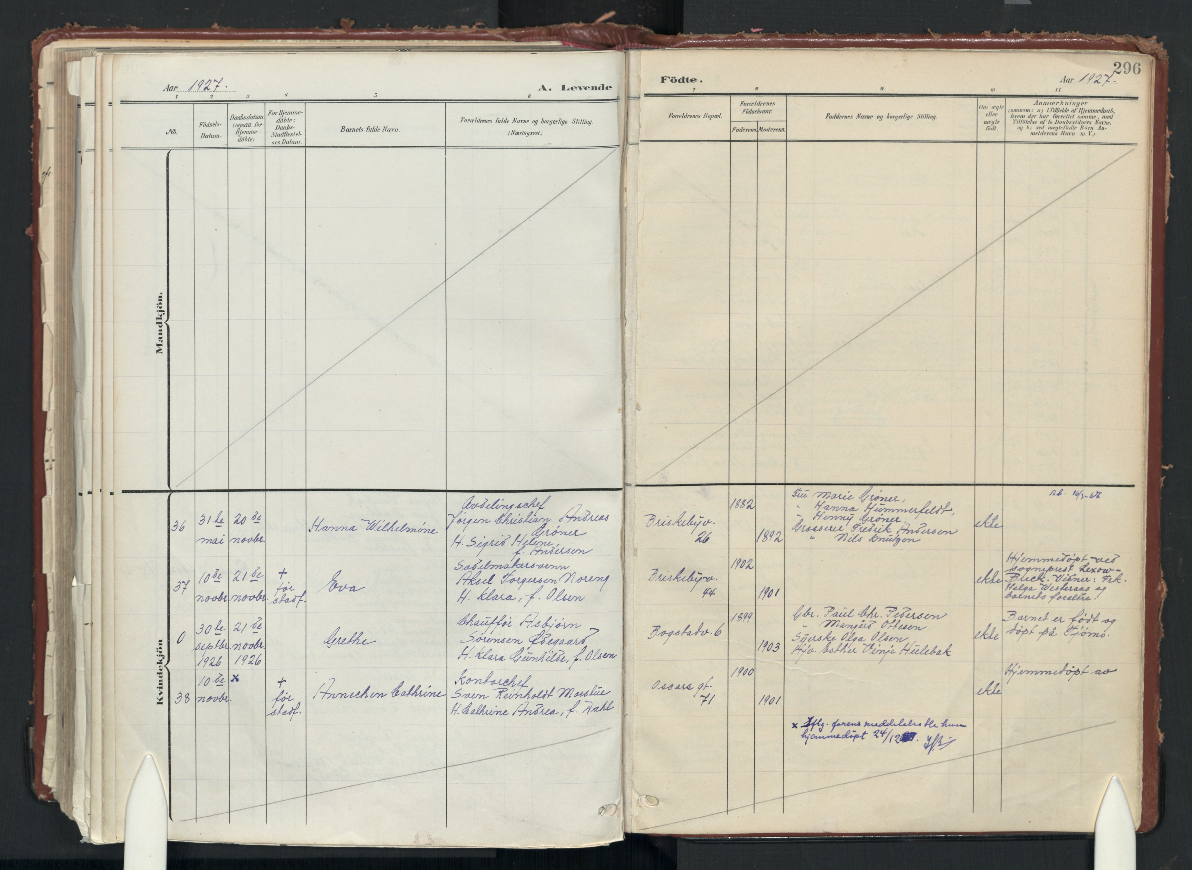 Uranienborg prestekontor Kirkebøker, SAO/A-10877/F/Fa/L0010: Parish register (official) no. 10, 1907-1928, p. 296