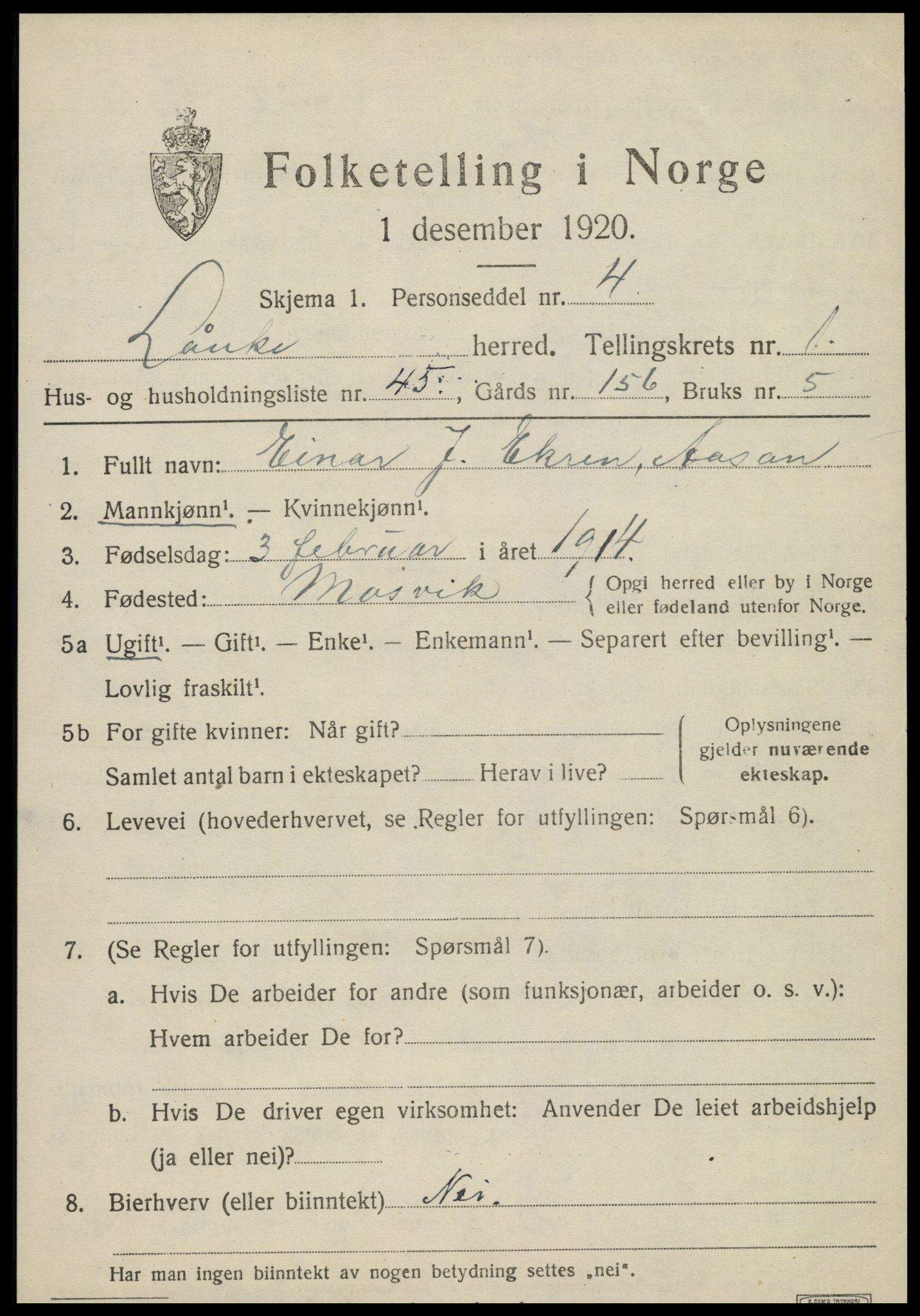 SAT, 1920 census for Lånke, 1920, p. 1030