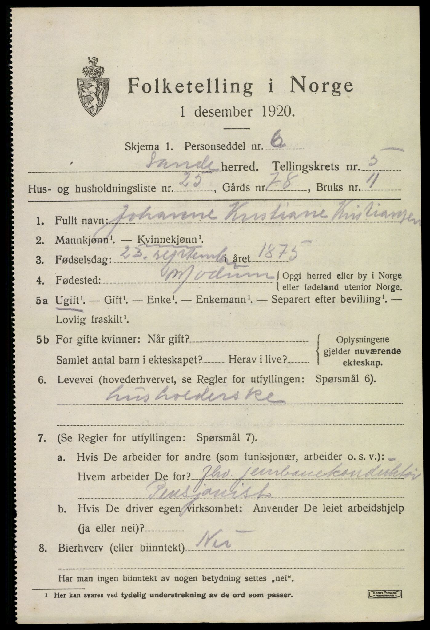 SAKO, 1920 census for Sande, 1920, p. 6412