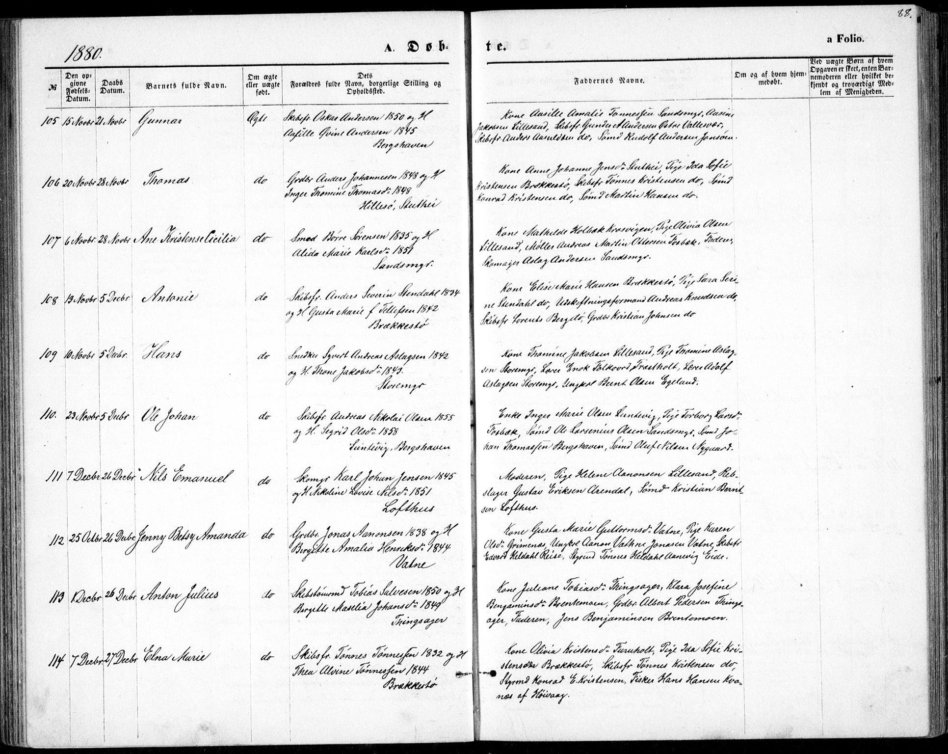 Vestre Moland sokneprestkontor, SAK/1111-0046/F/Fb/Fbb/L0005: Parish register (copy) no. B 5, 1872-1883, p. 88