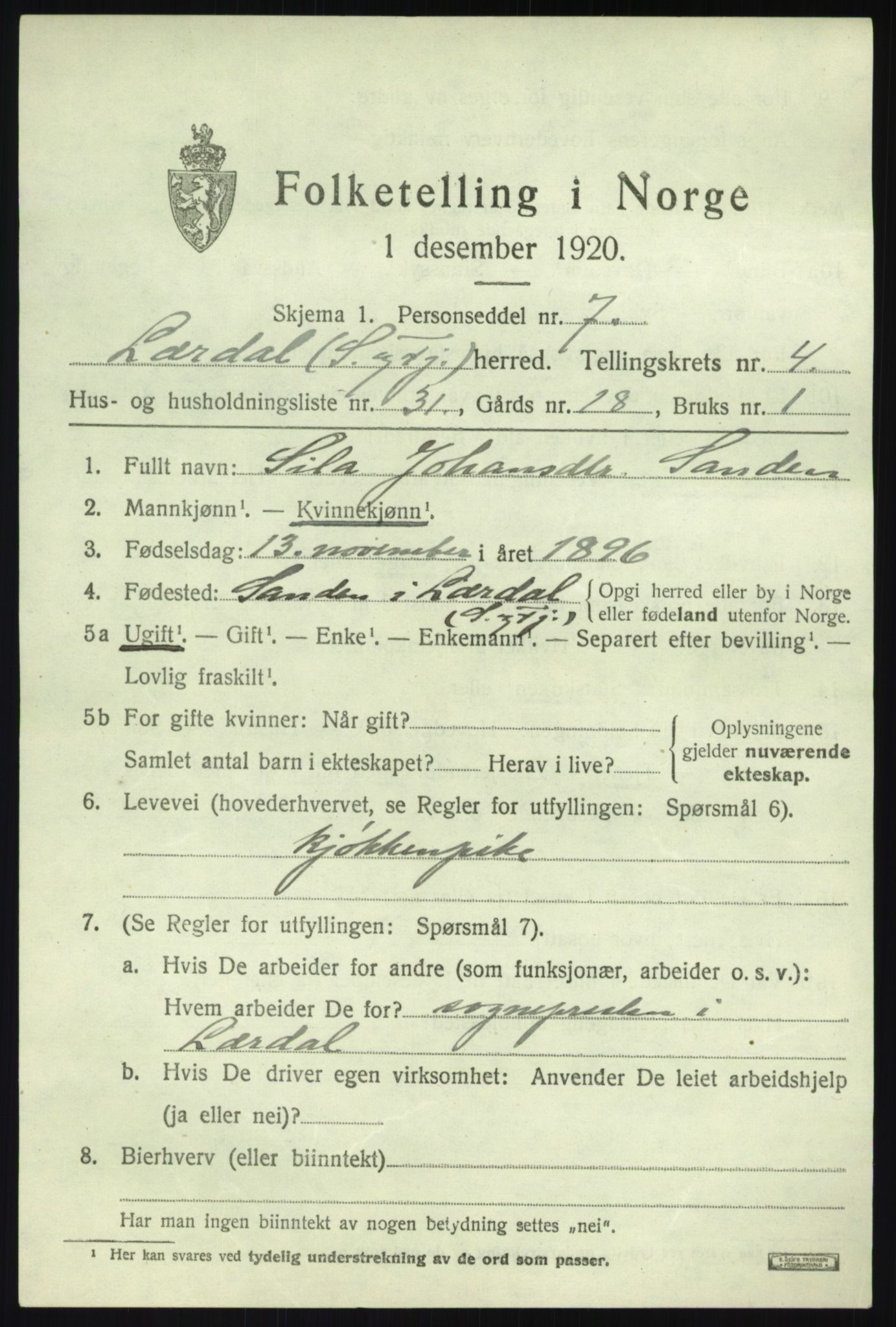 SAB, 1920 census for Lærdal, 1920, p. 2472