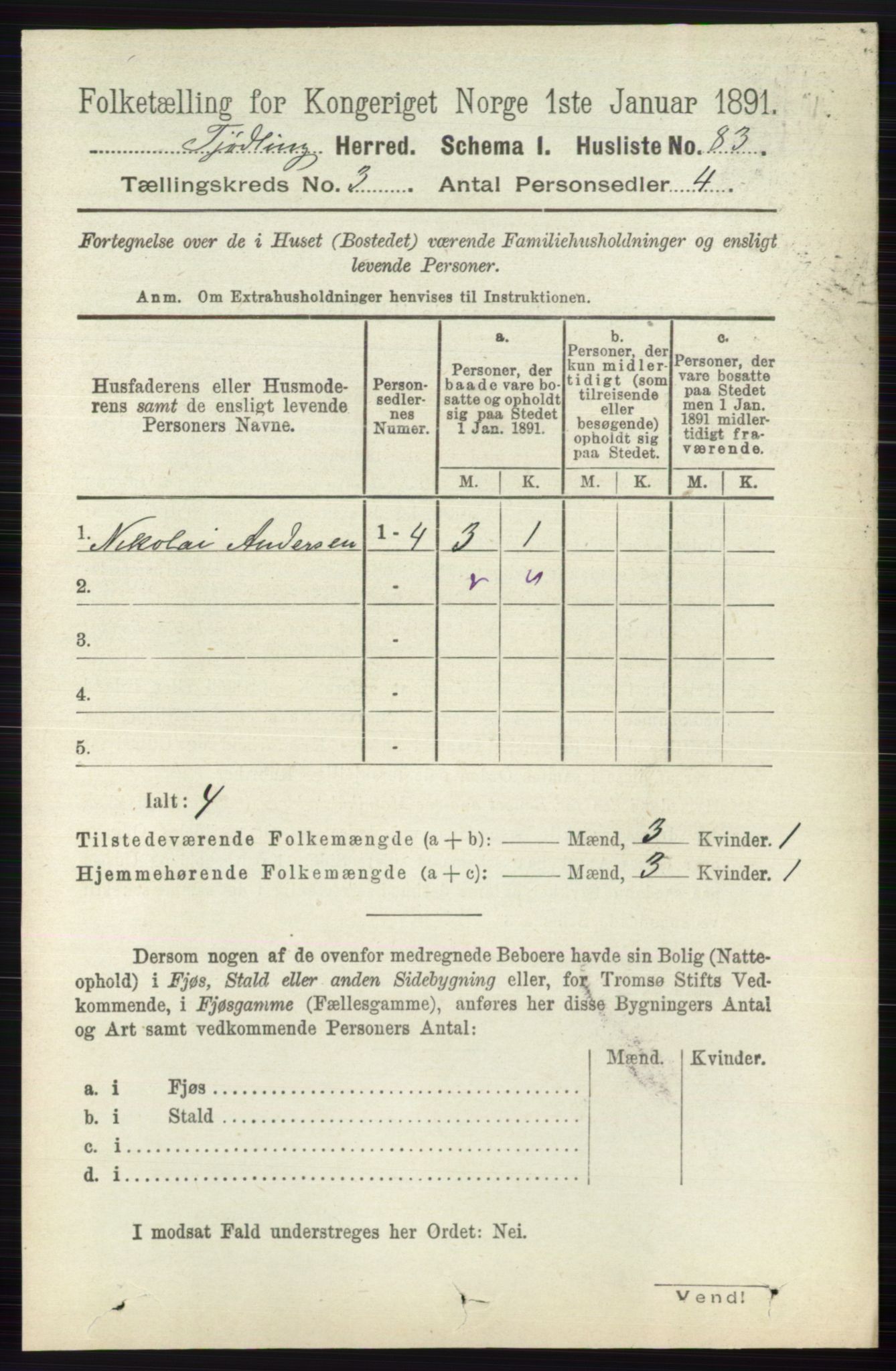 RA, 1891 census for 0725 Tjølling, 1891, p. 911